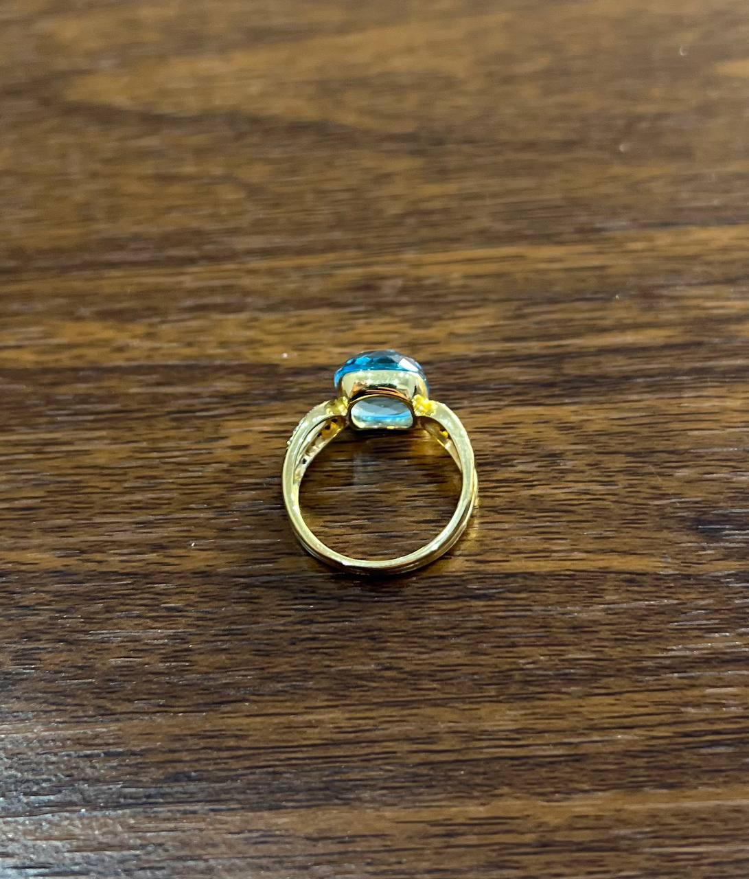 Cushion Shape Swiss Blue Topaz Split Shank 14K Yellow Gold Diamonds Fashion Ring For Sale 3