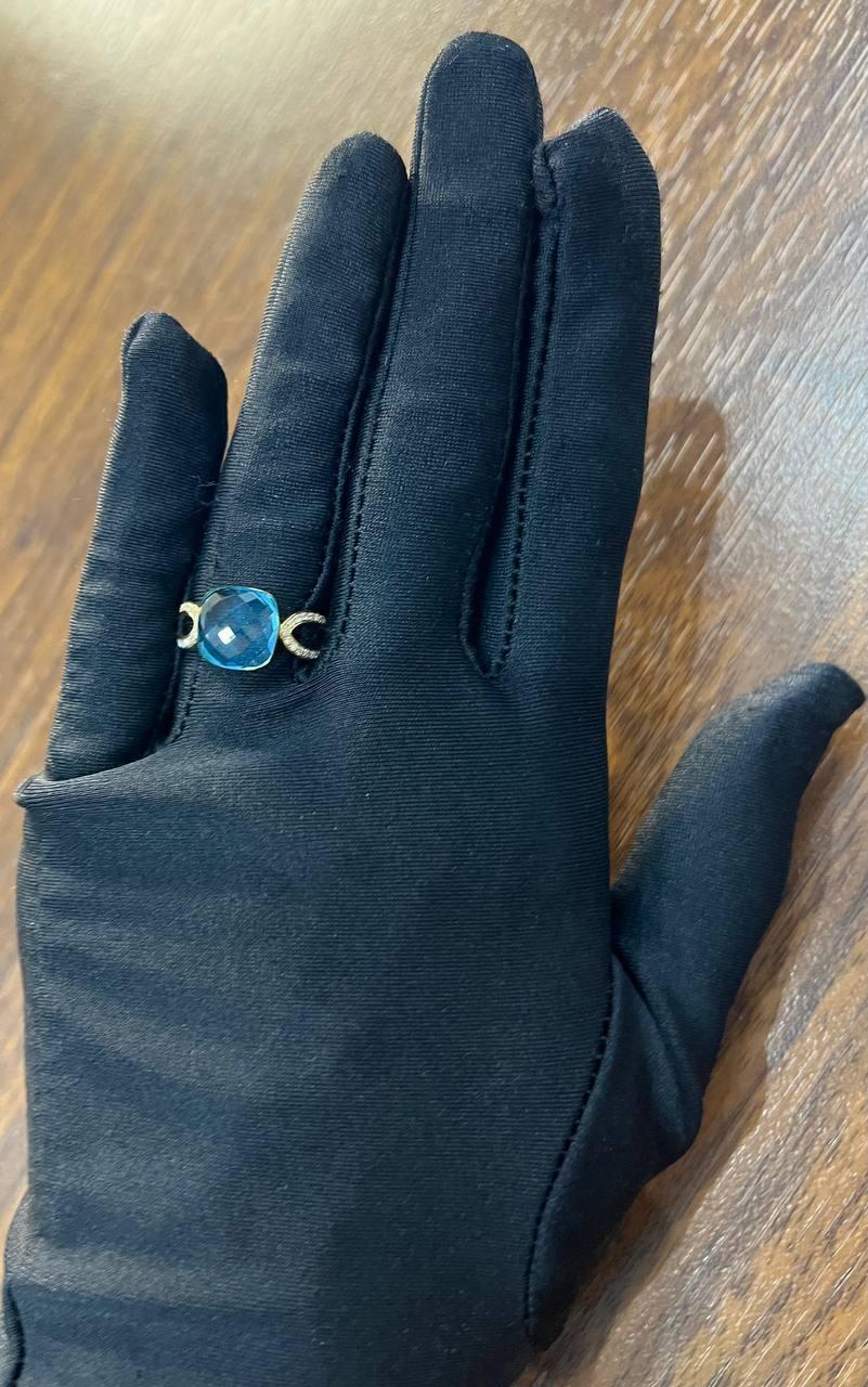 Cushion Shape Swiss Blue Topaz Split Shank 14K Yellow Gold Diamonds Fashion Ring For Sale 4