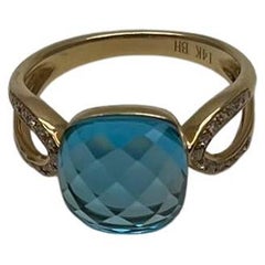 Cushion Shape Swiss Blue Topaz Split Shank 14K Yellow Gold Diamonds Fashion Ring