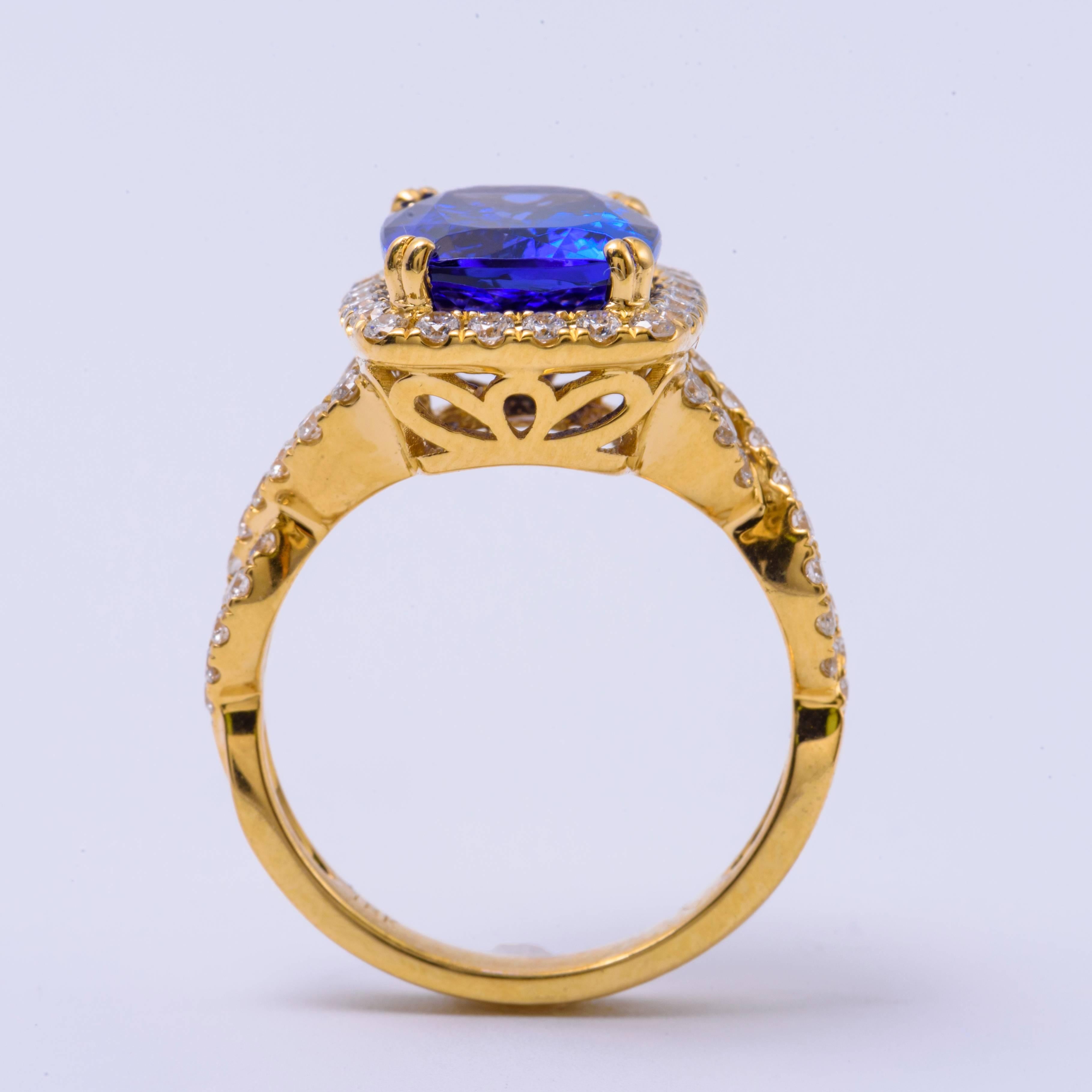 Women's Cushion Shape Tanzanite and Diamond Yellow Gold Cocktail Ring 4.62 Carat