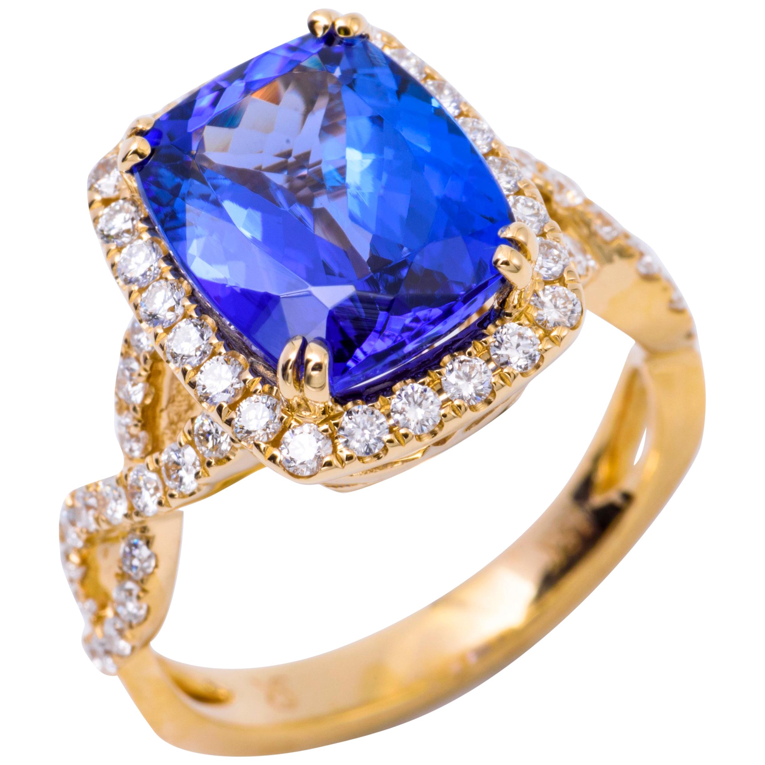 Cushion Shape Tanzanite and Diamond Yellow Gold Cocktail Ring 4.62 Carat