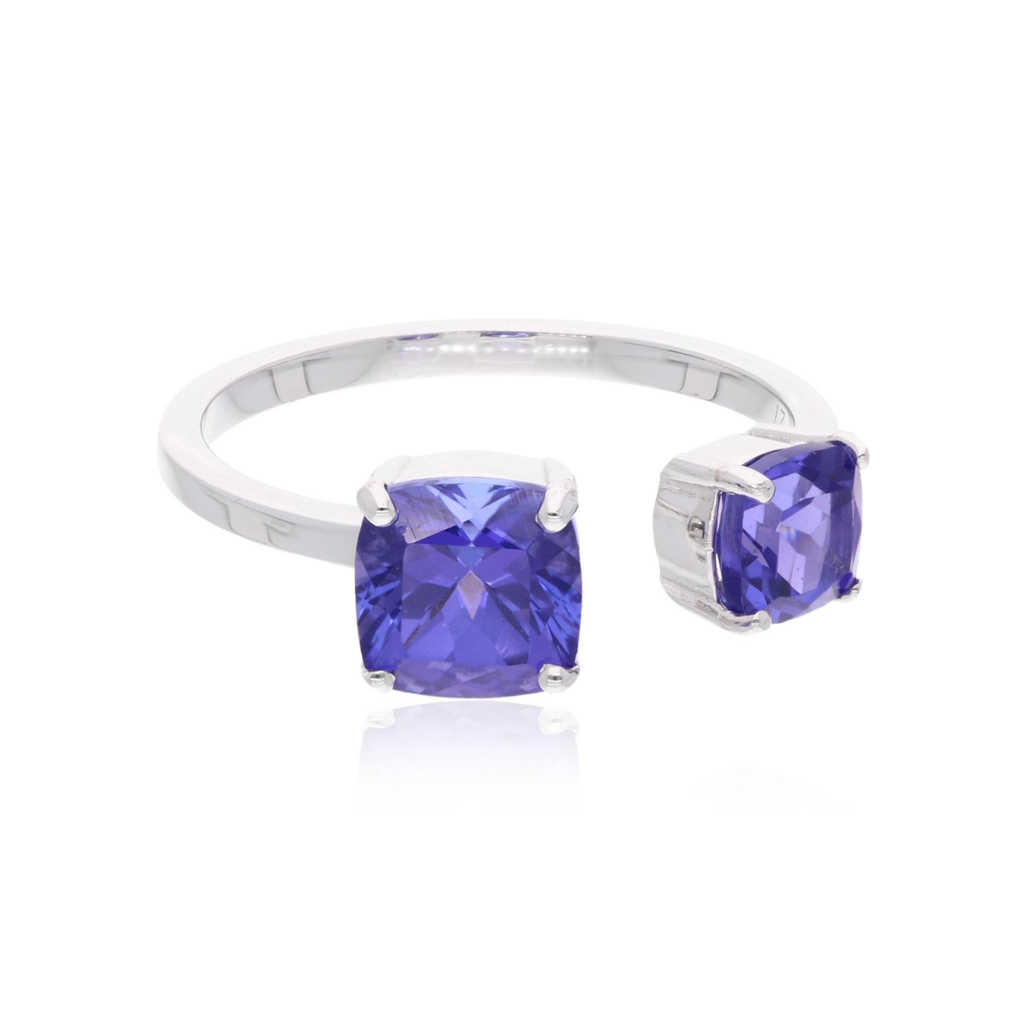 Modern Cushion Shape Tanzanite Gemstone Cuff Ring 18 Karat White Gold Handmade Jewelry For Sale