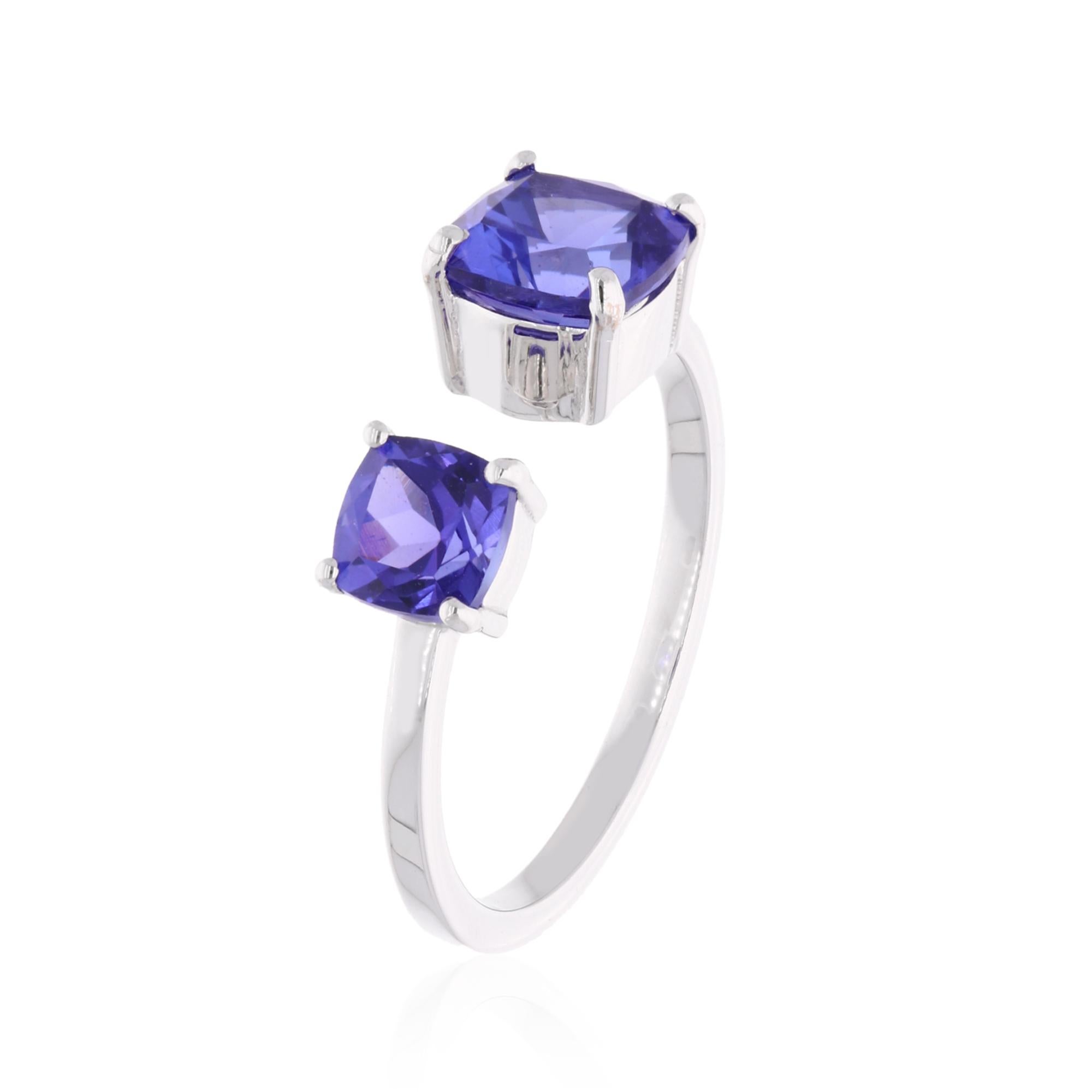 Cushion Cut Cushion Shape Tanzanite Gemstone Cuff Ring 18 Karat White Gold Handmade Jewelry For Sale
