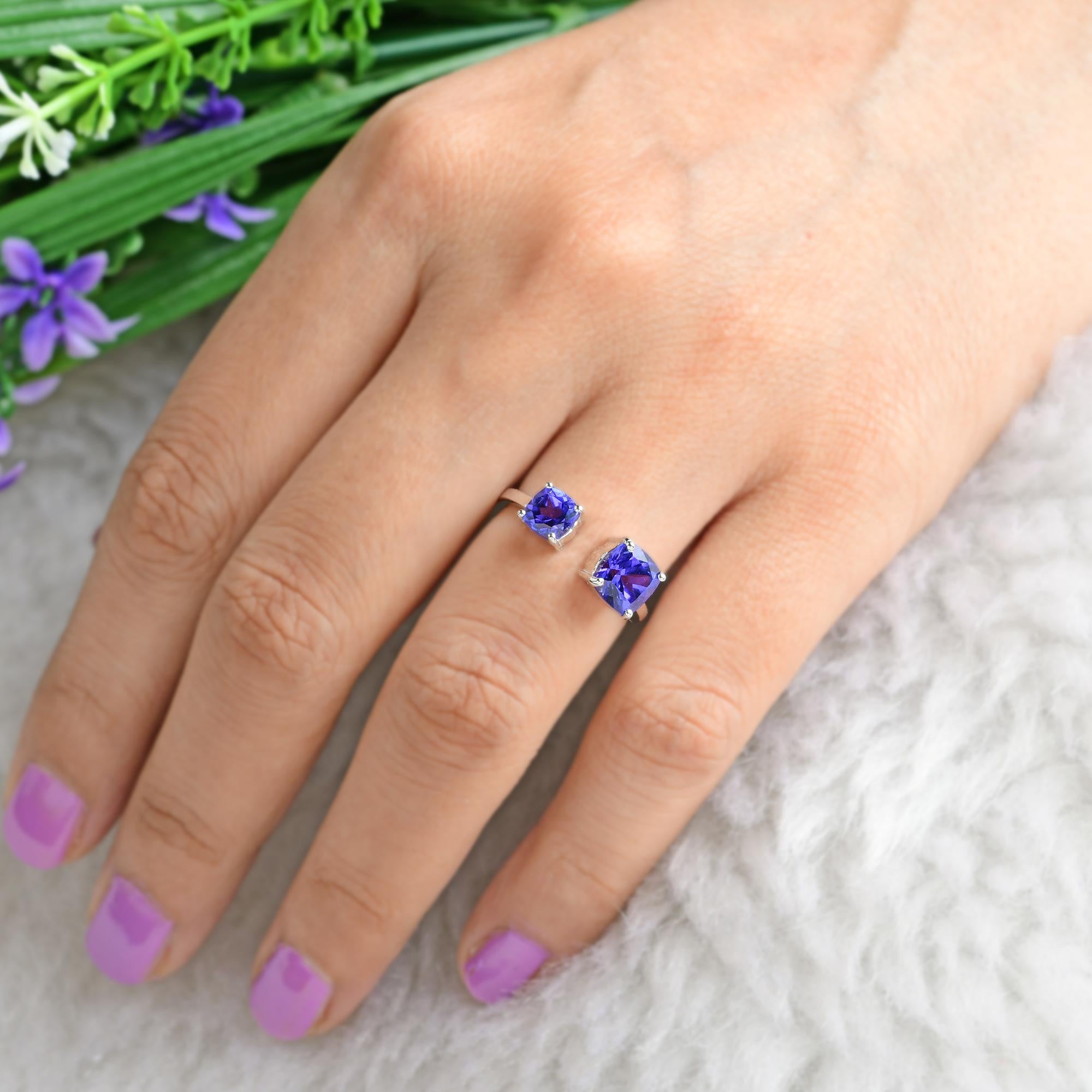 Women's Cushion Shape Tanzanite Gemstone Cuff Ring 18 Karat White Gold Handmade Jewelry For Sale