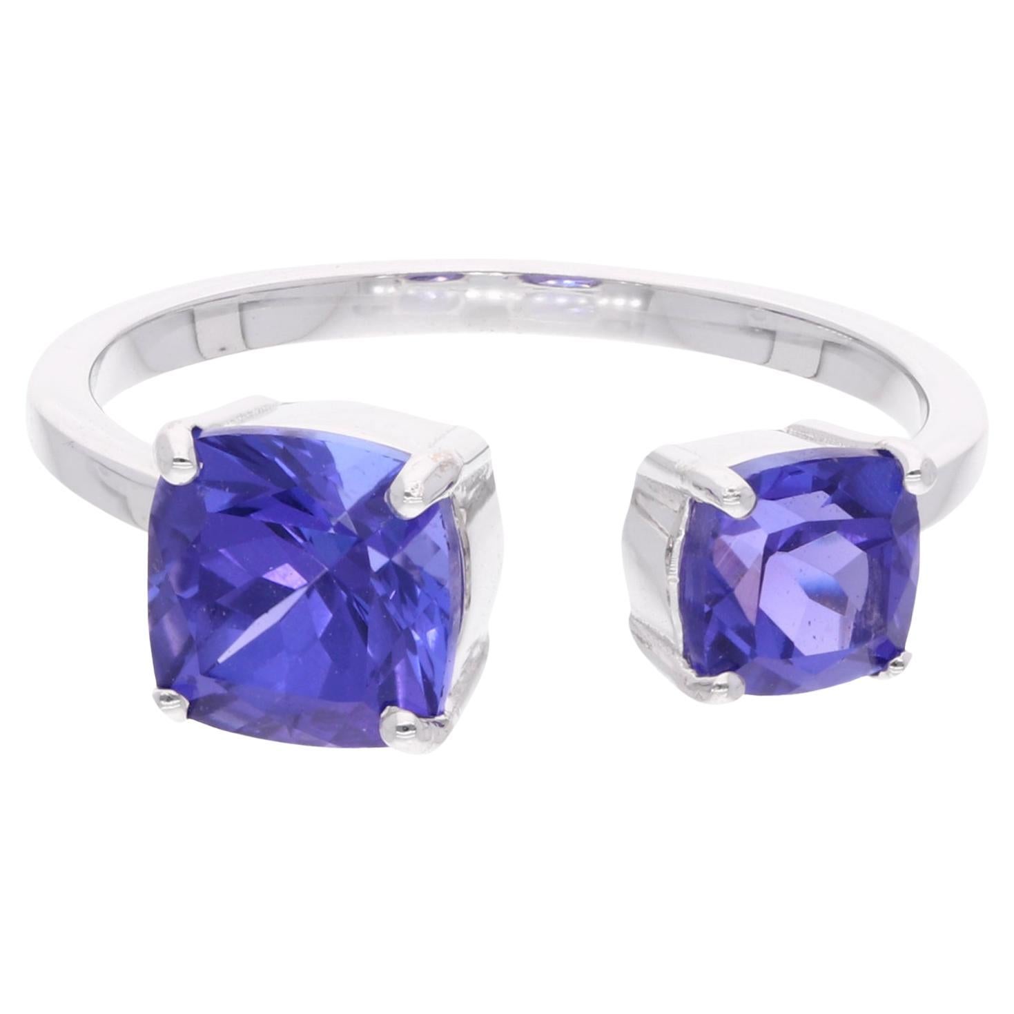 Cushion Shape Tanzanite Gemstone Cuff Ring 18 Karat White Gold Handmade Jewelry For Sale