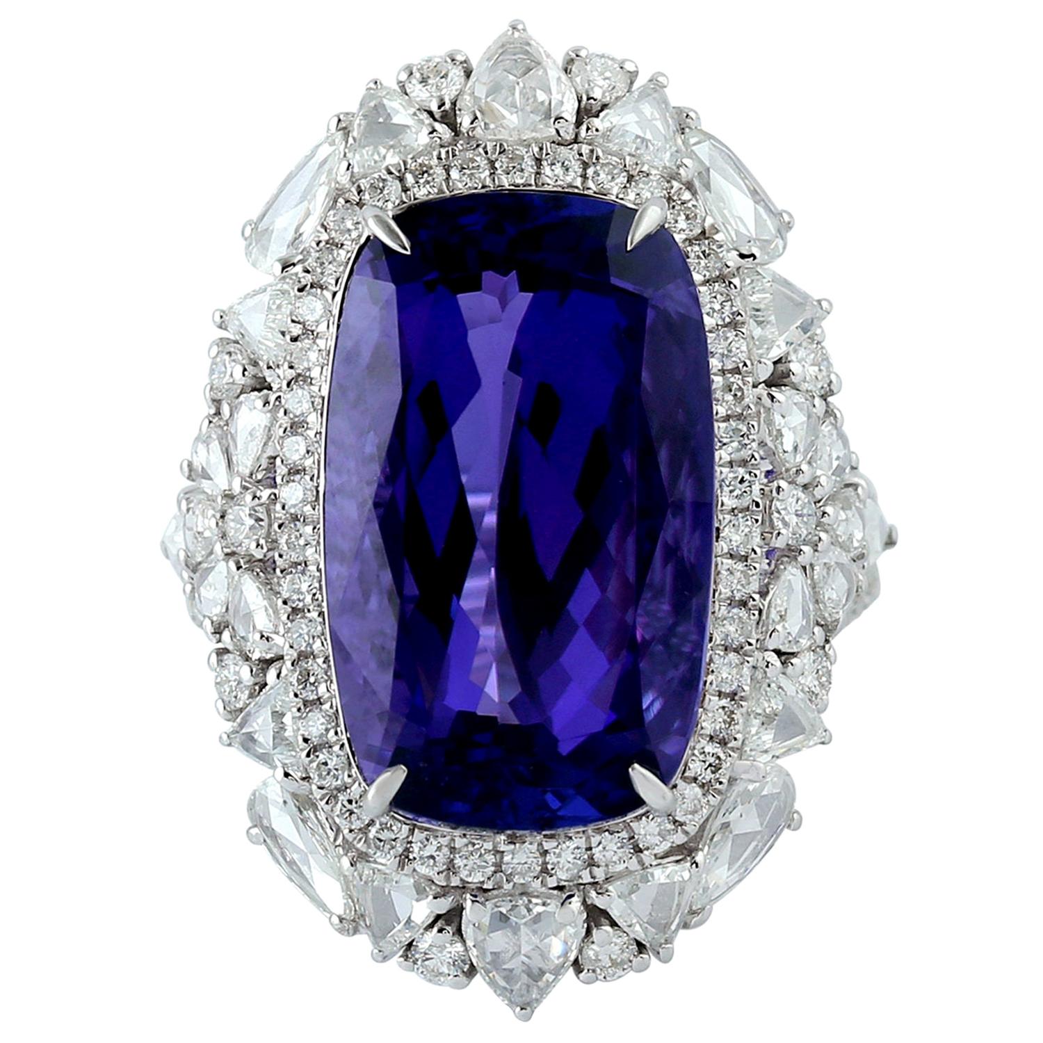 Cushion Shape Tanzanite Ring With White Diamonds In 18K White Gold For Sale