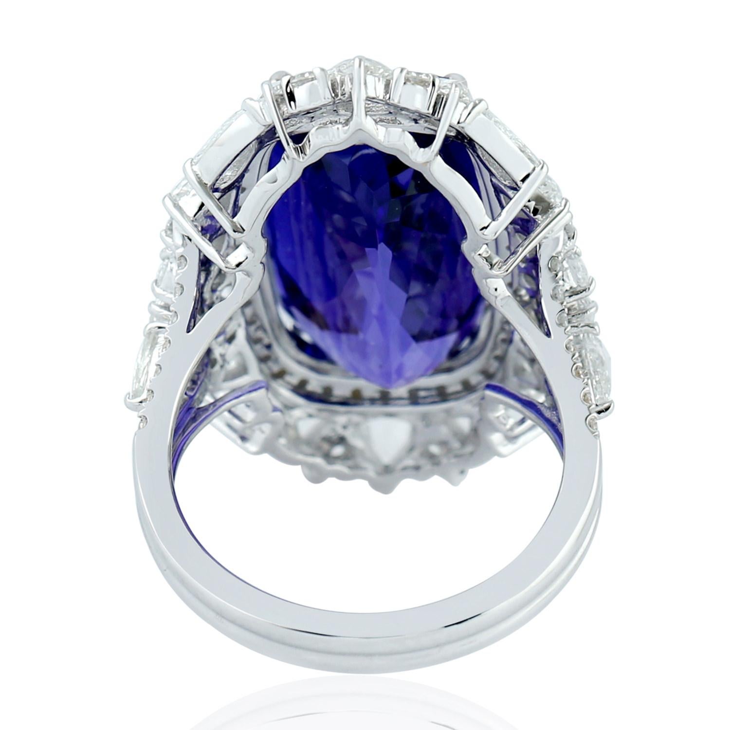 Modern Cushion Shape Tanzanite Ring With White Diamonds In 18K White Gold For Sale