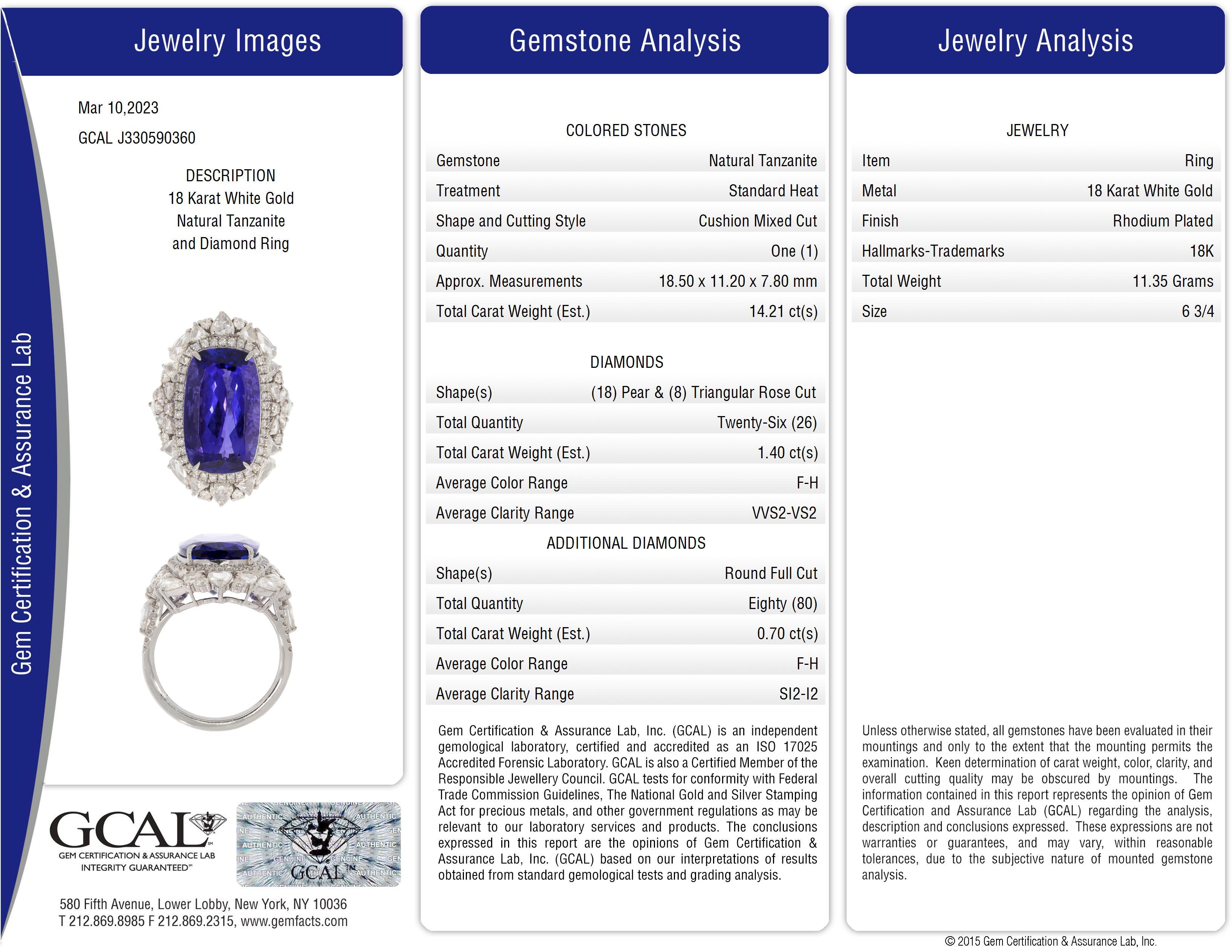 Cushion Shape Tanzanite Ring With White Diamonds In 18K White Gold In New Condition For Sale In New York, NY