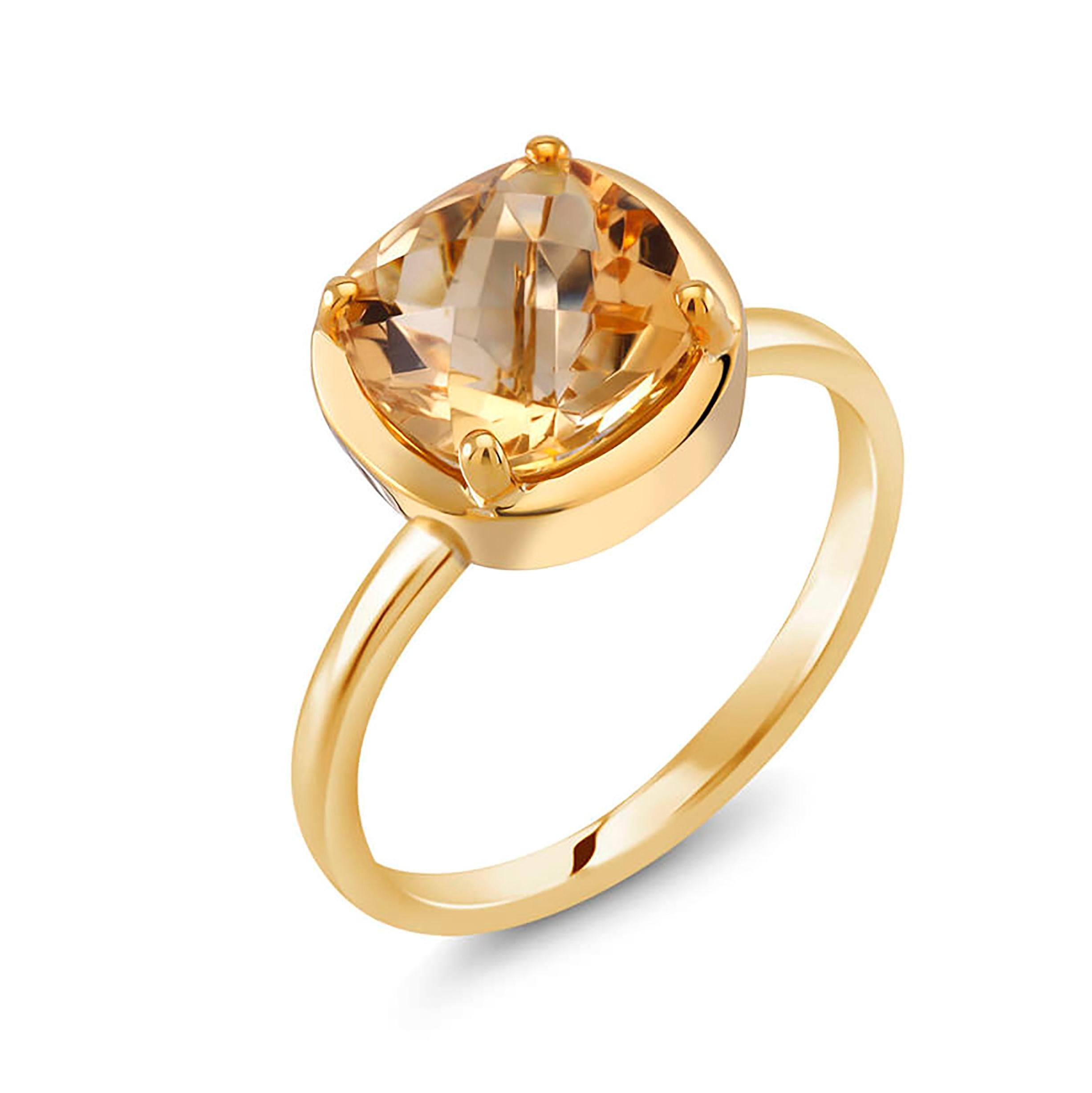 Contemporary Cushion Shape Yellow Citrine Solitaire Sterling Silver Ring Yellow Gold-Plated