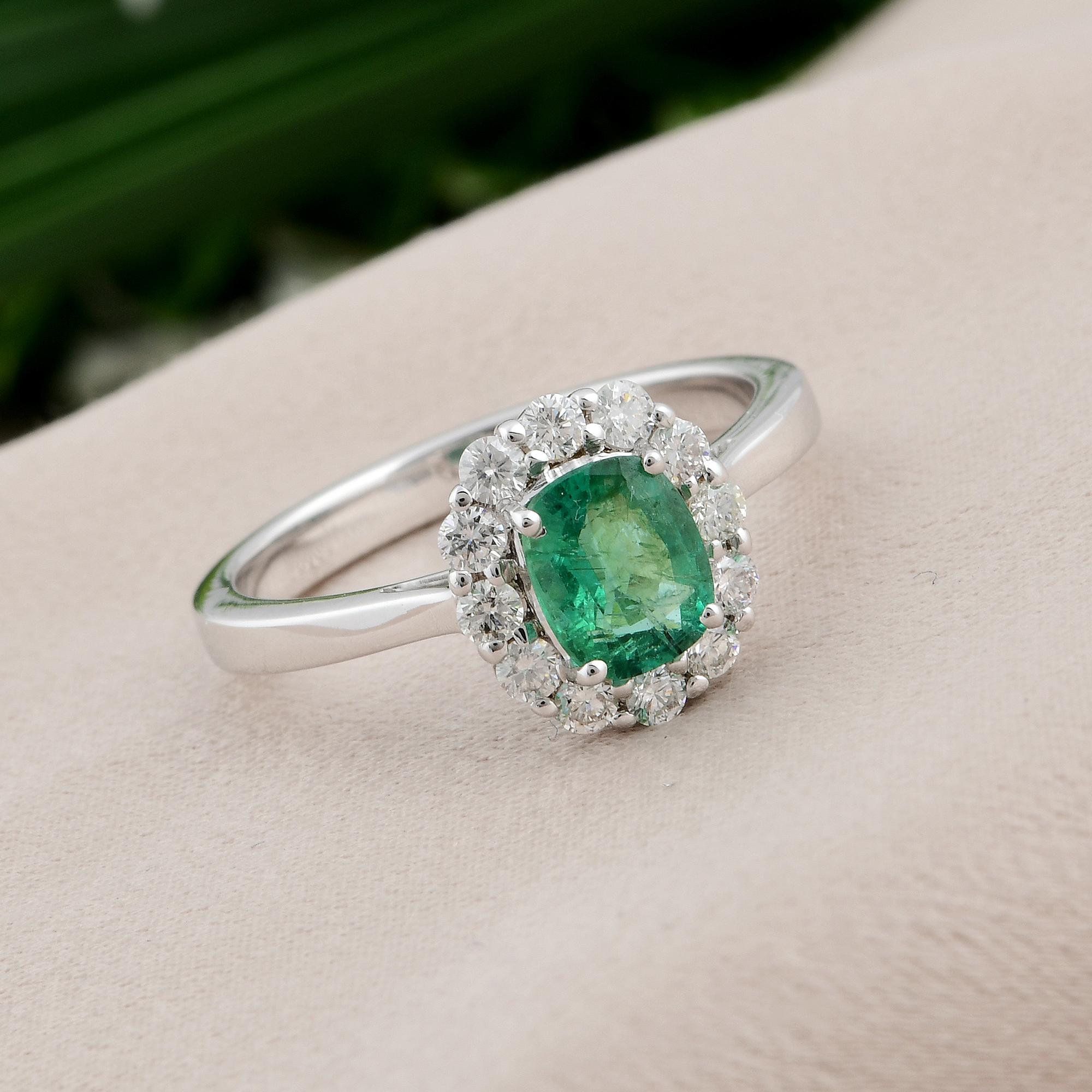 Modern Cushion Shape Natural Emerald Gemstone Ring Diamond 18 Karat White Gold Jewelry For Sale