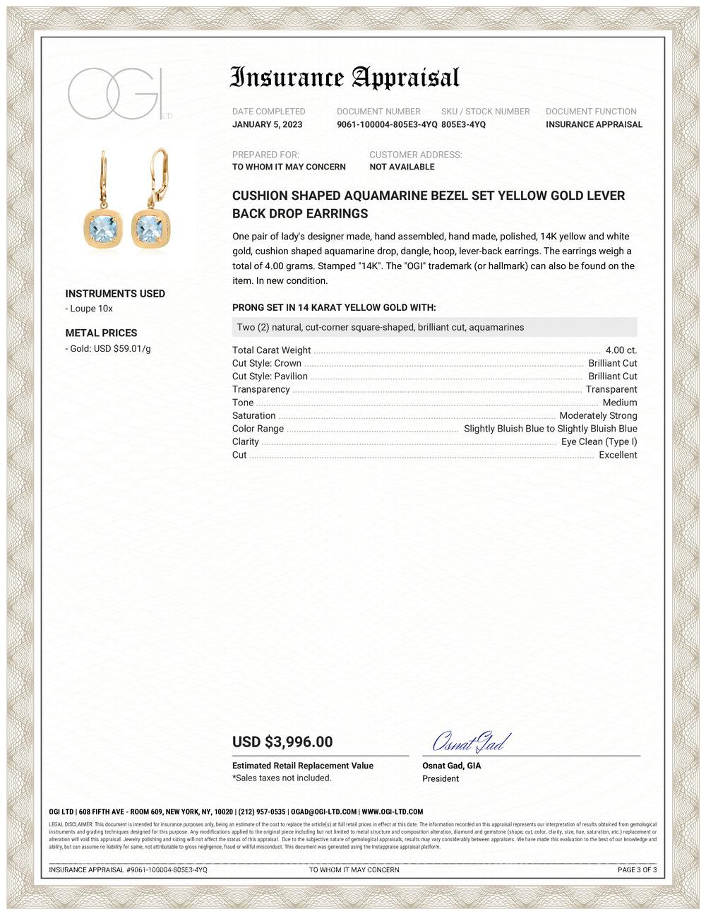 Introducing our stunning Cushion Shaped Aquamarine 4 Carat Bezel Set 14 Karat Yellow Gold 1.15 Inch Drop Earrings, the epitome of elegance and sophistication.
Gemstone: These exquisite earrings feature two cushion-cut aquamarine gemstones, each