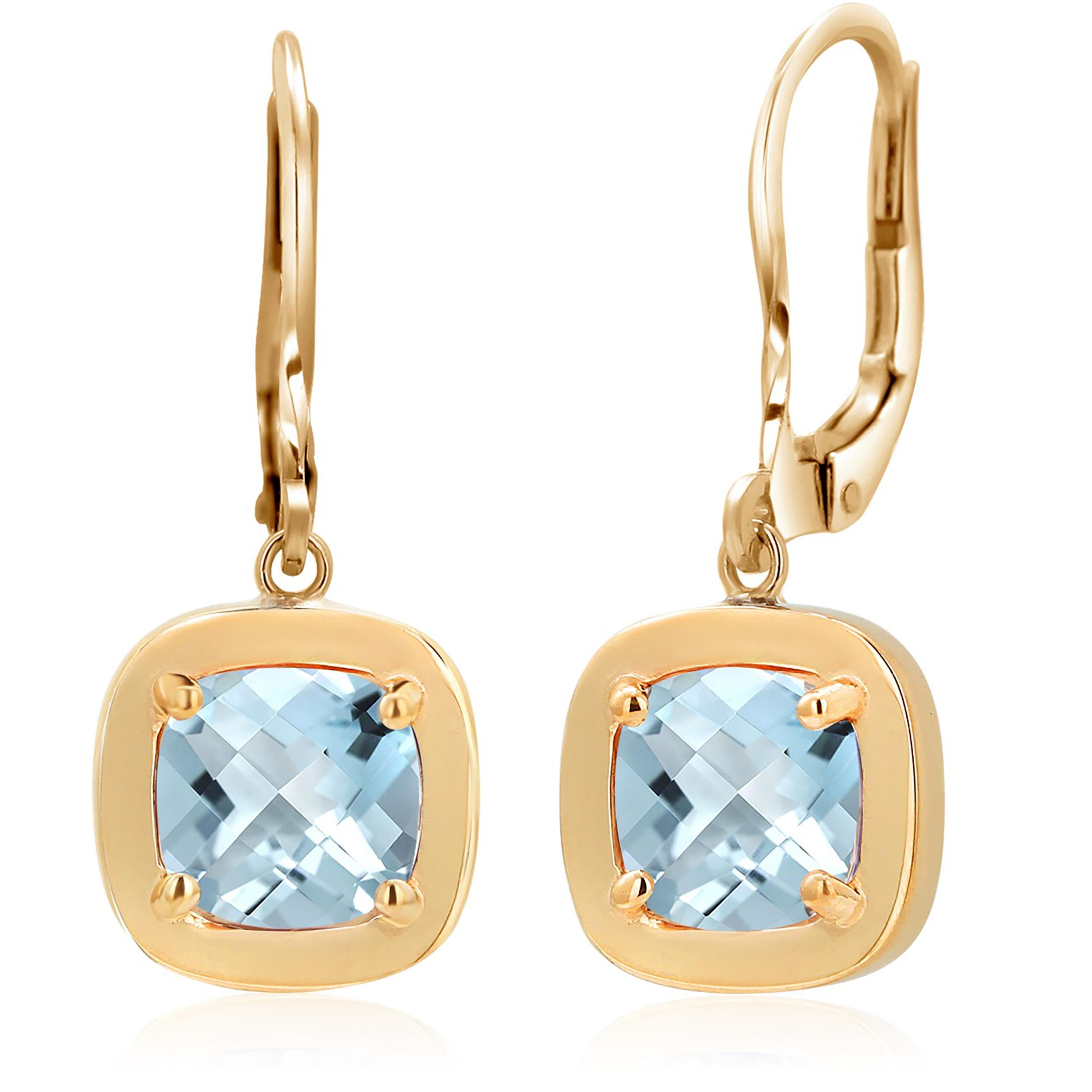 Cushion Shaped Aquamarine 4 Carat Bezel Set Yellow Gold 1.15 Inch Drop Earrings In New Condition For Sale In New York, NY