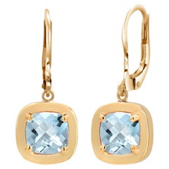 Cushion Shaped Aquamarine 4 Carat Bezel Set Yellow Gold 1.15 Inch Drop Earrings