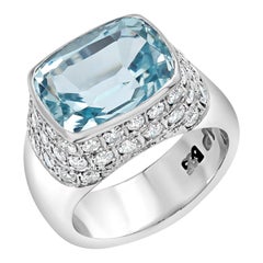 Cushion Shaped Aquamarine and Diamond White Gold Raised Shank Cocktail Ring