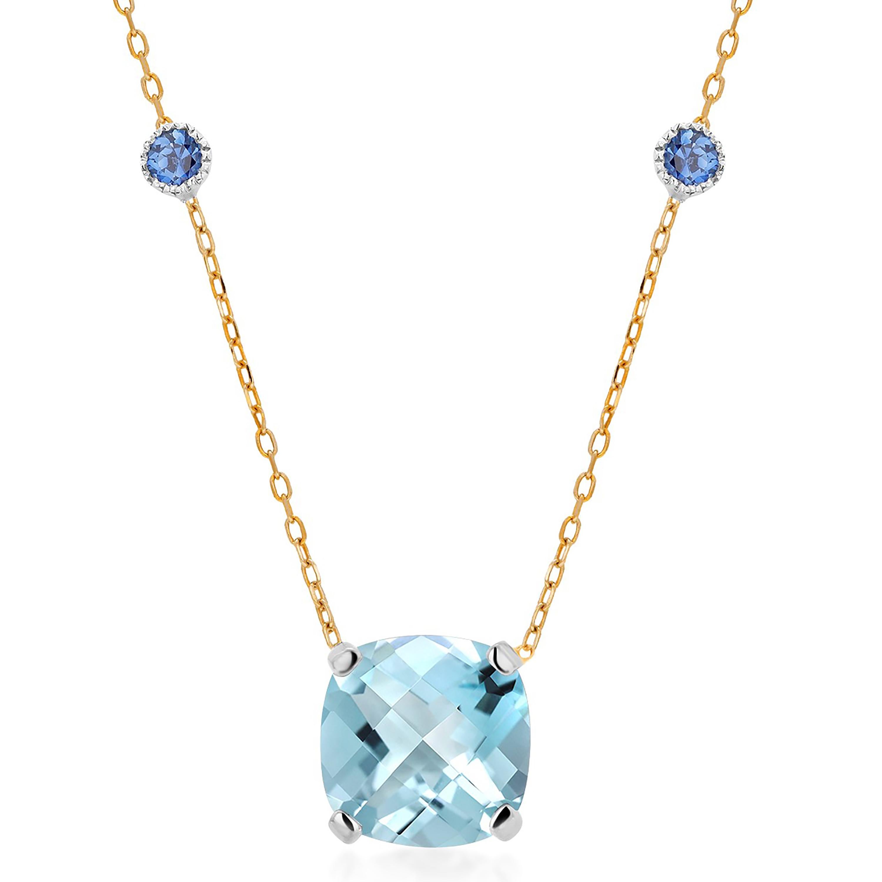 Antique Cushion Cut Cushion Shaped Aquamarine and Sapphire White and Yellow Gold Pendant Necklace