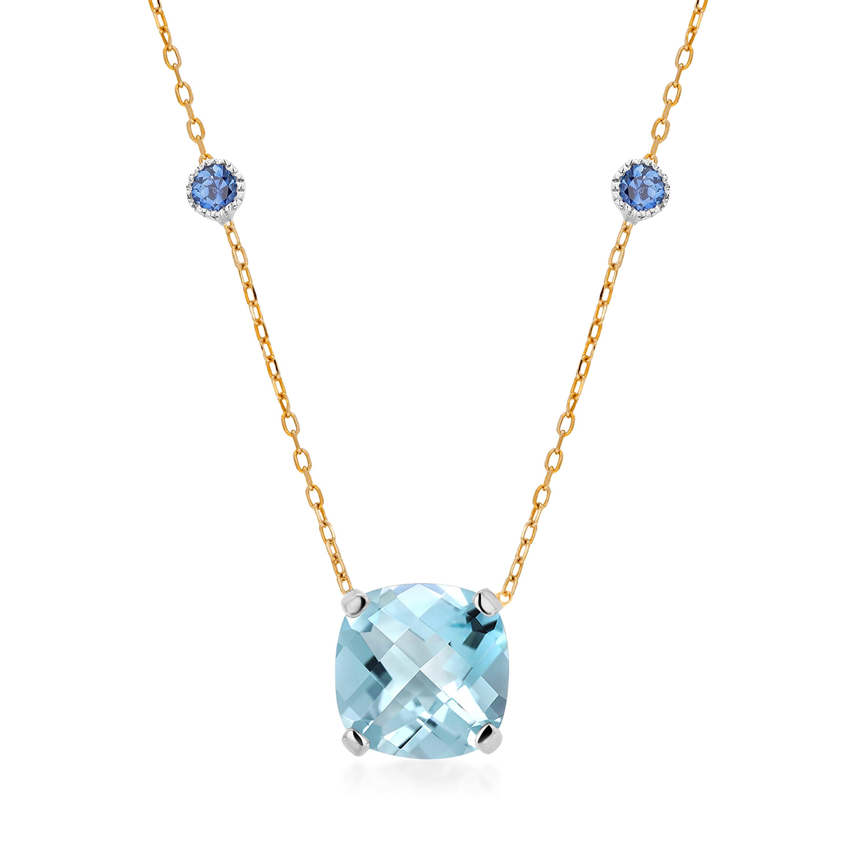 Cushion Shaped Aquamarine and Sapphire White and Yellow Gold Pendant Necklace In New Condition In New York, NY