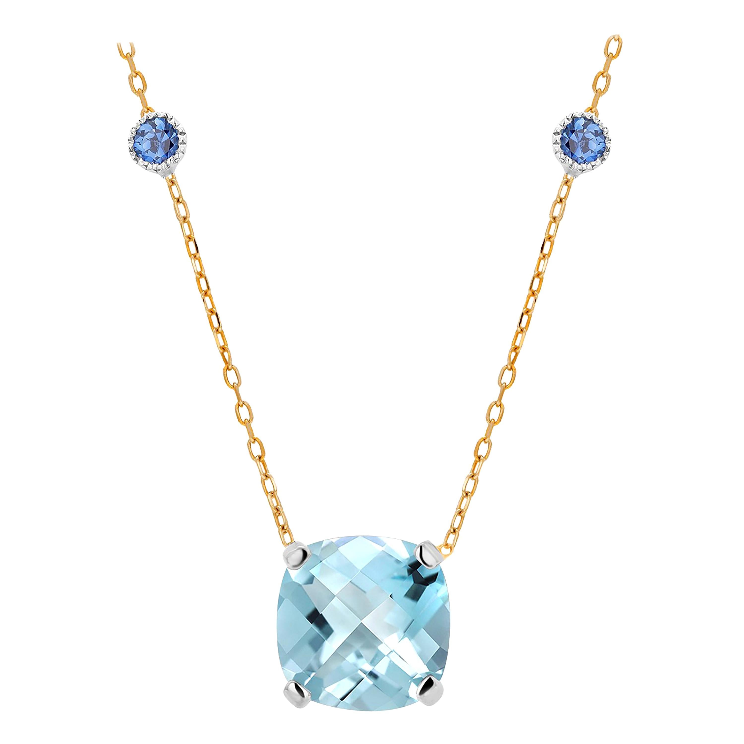 Cushion Shaped Aquamarine and Sapphire White and Yellow Gold Pendant Necklace