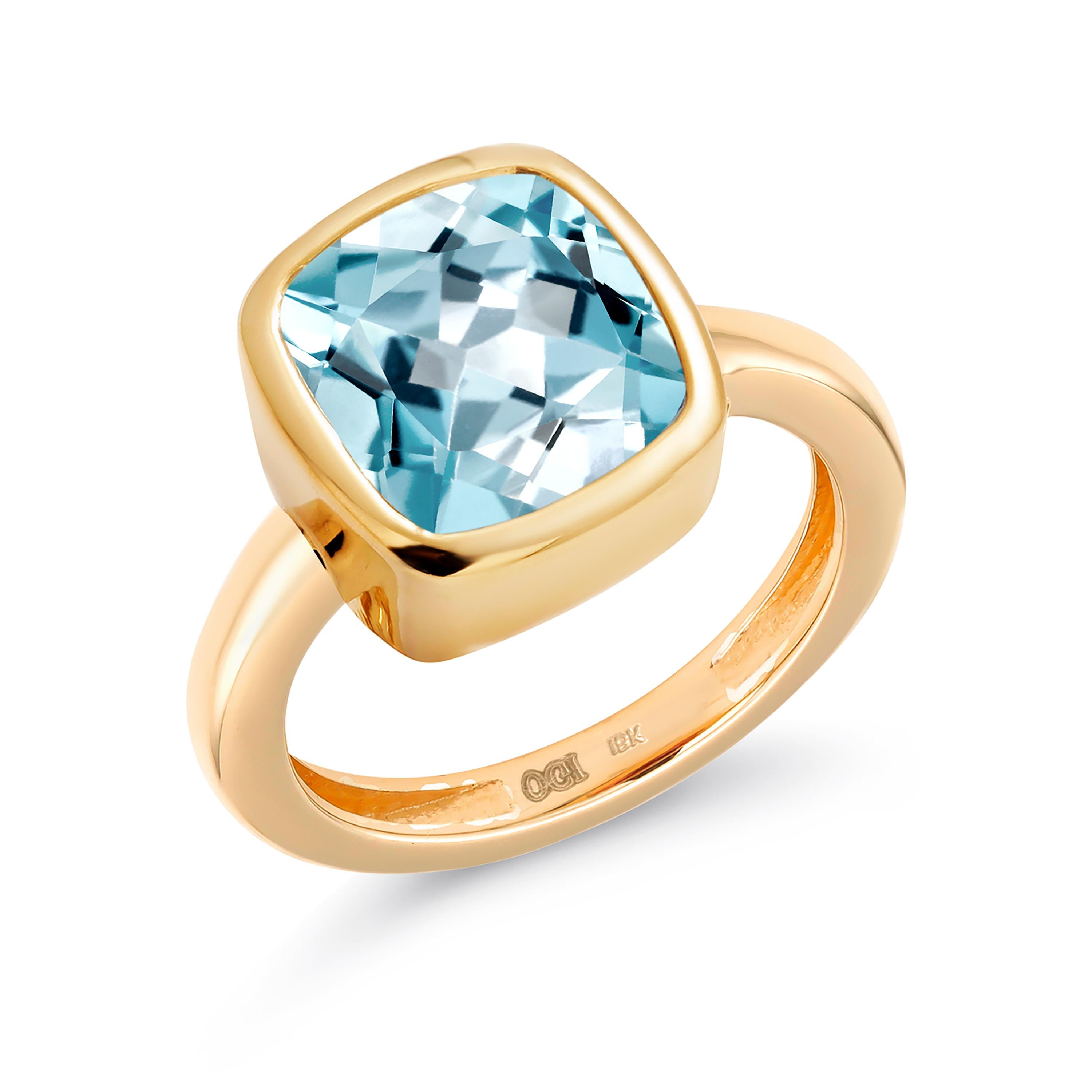 Cushion Shaped Aquamarine Bezel Raised Dome Yellow Gold Cocktail Ring In New Condition In New York, NY
