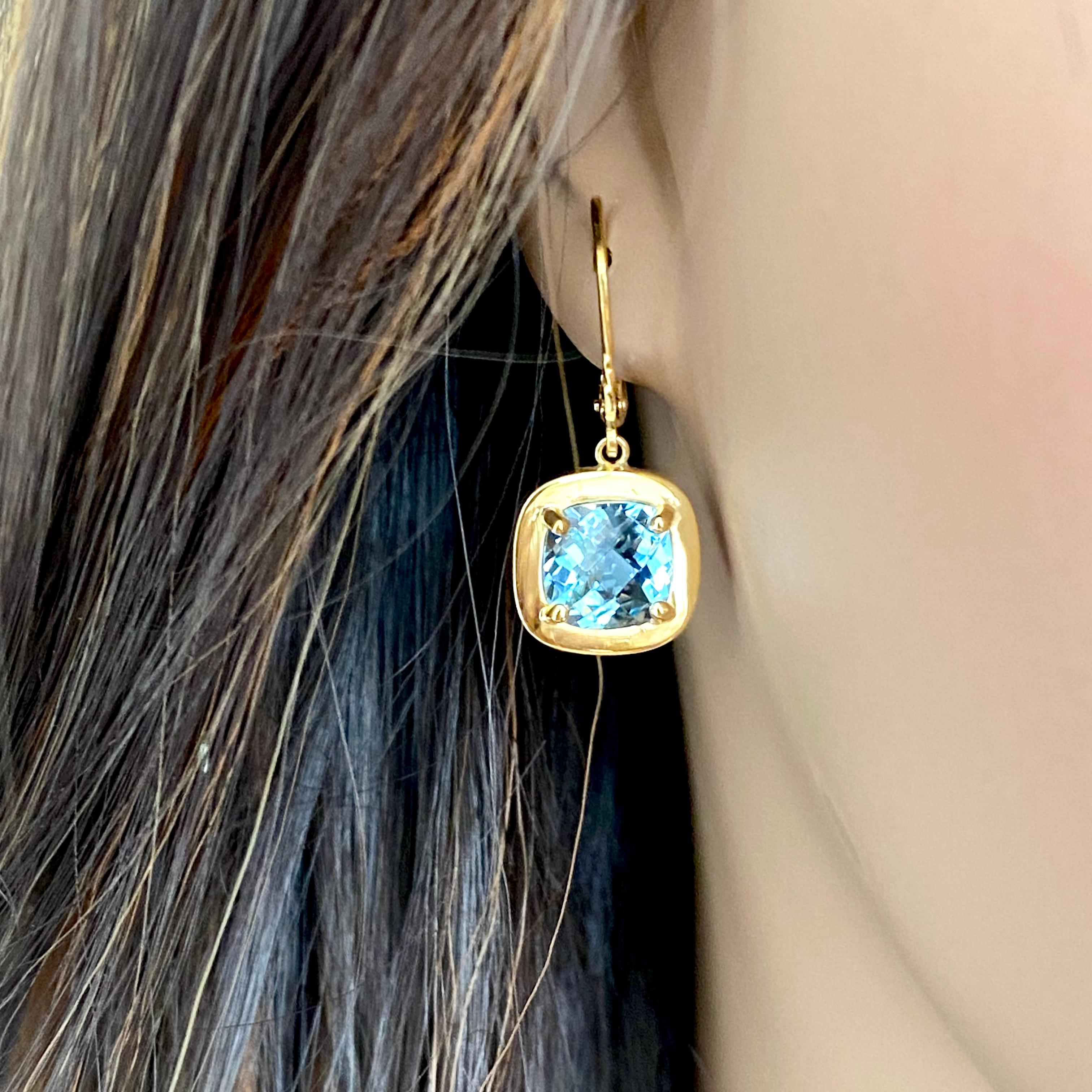 Cushion Shaped Aquamarine Bezel Set Yellow Gold Lever Back Drop Earrings 2