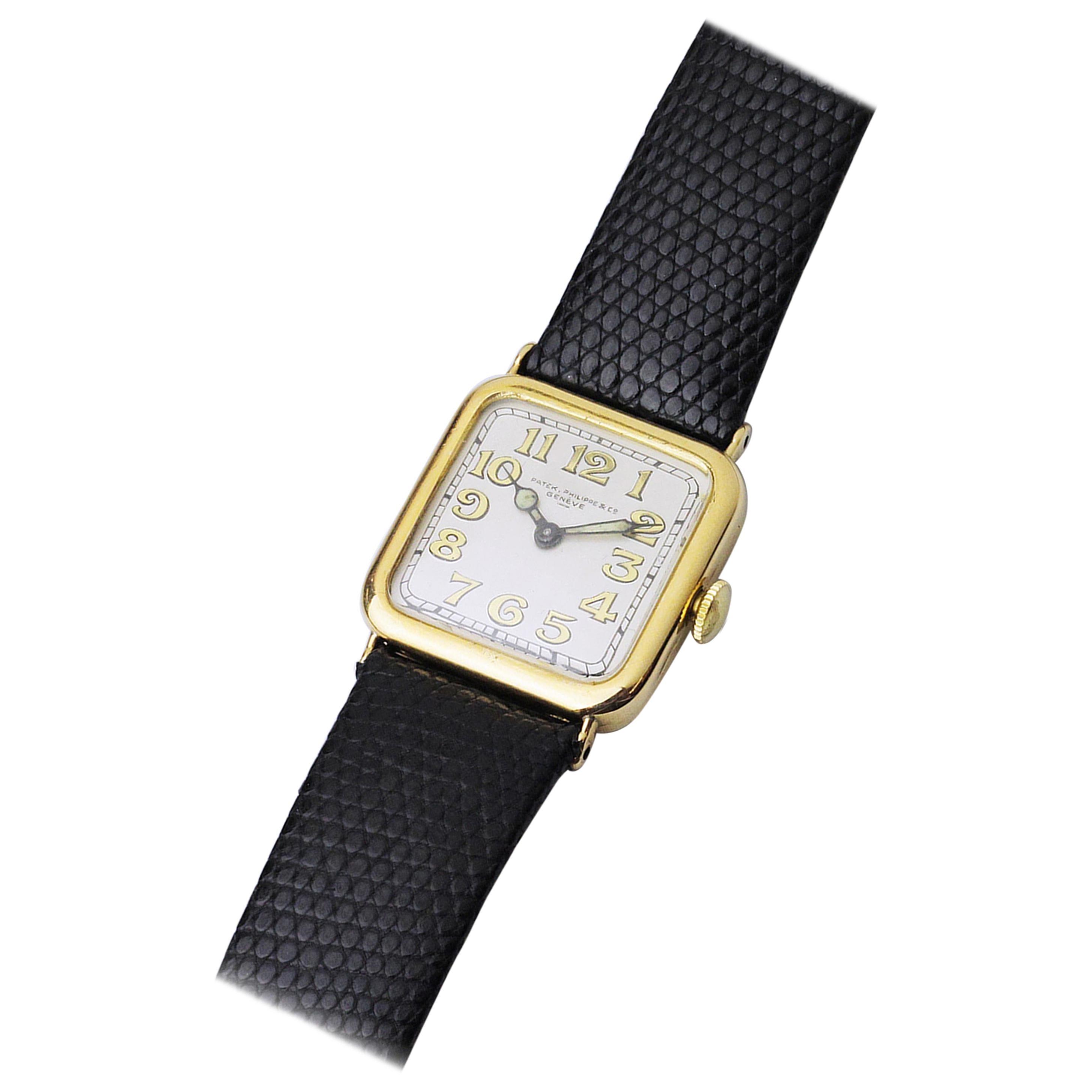 Cushion Shaped, Art Deco, 18 Karat Gold Patek Philippe Wristwatch
