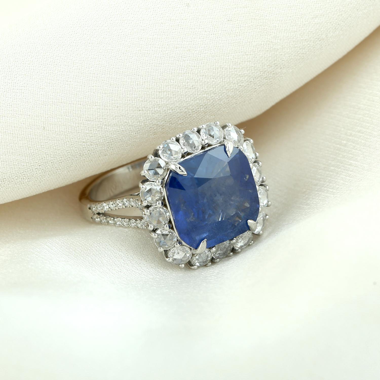 Art Deco Cushion Shaped Blue Sapphire Cocktail Ring With Diamonds For Sale