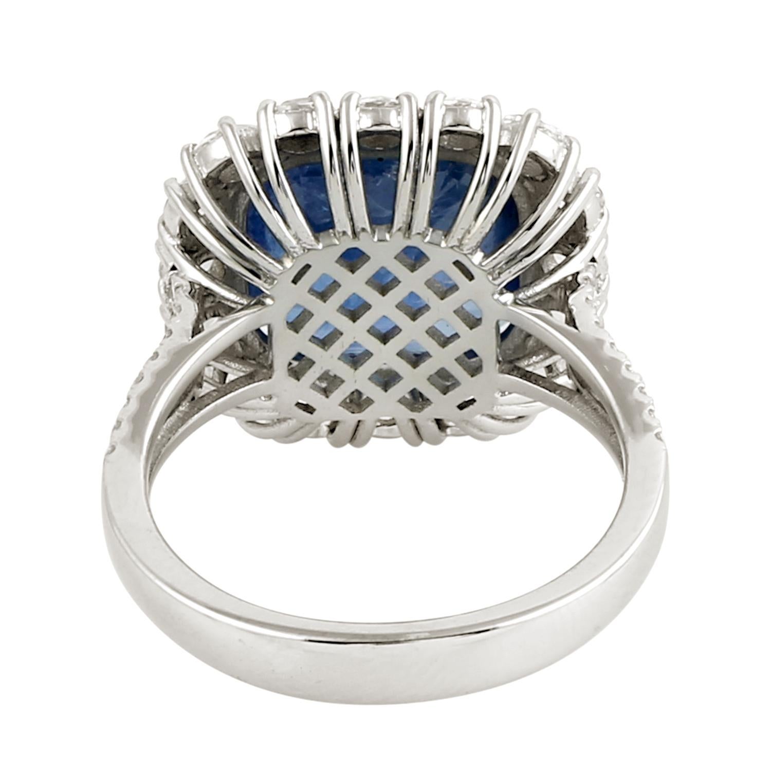 Mixed Cut Cushion Shaped Blue Sapphire Cocktail Ring With Diamonds For Sale