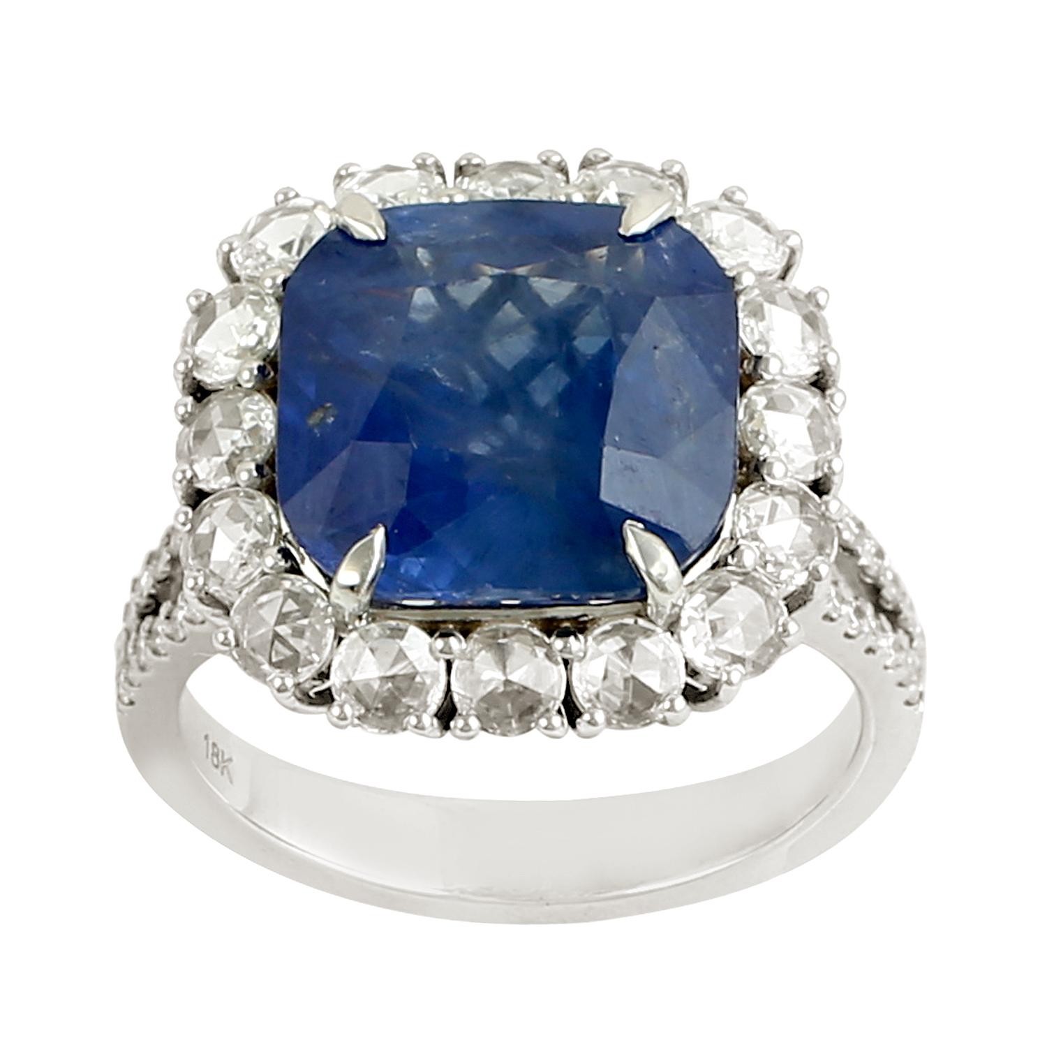 Women's Cushion Shaped Blue Sapphire Cocktail Ring With Diamonds For Sale