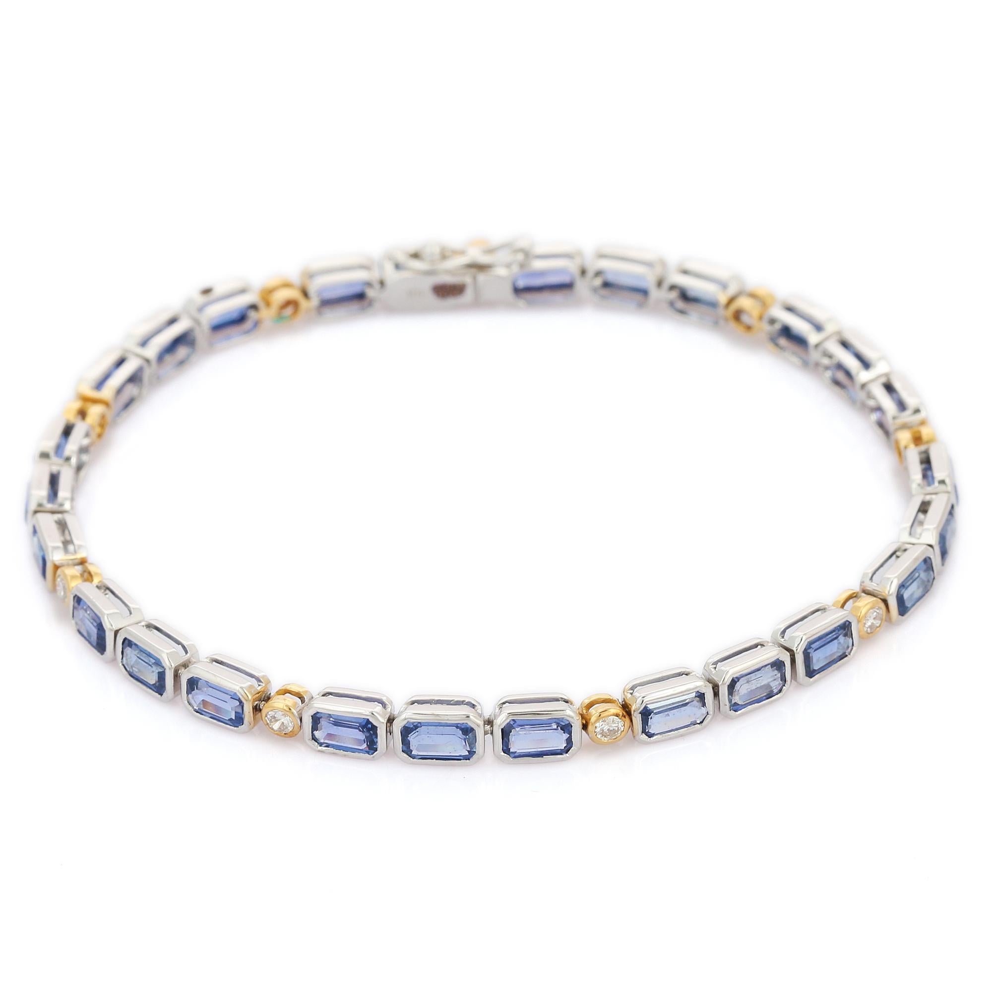 Modern Octagon Cut Blue Sapphire Tennis Bracelet in 18K White Gold with Diamonds For Sale
