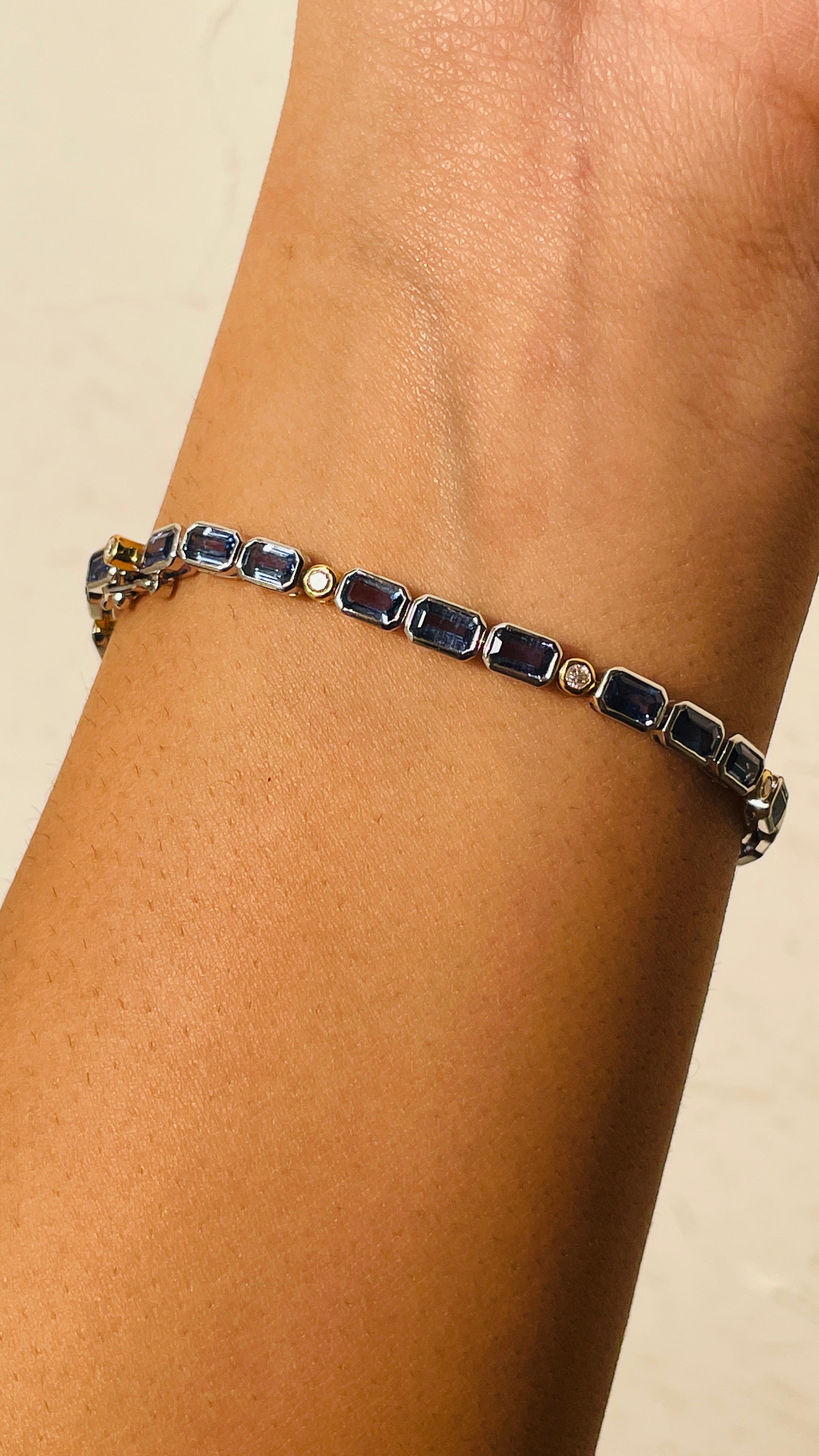 Blue Sapphire bracelet in 18K Gold. It has a perfect octagon cut gemstone studded with diamonds to make you stand out on any occasion or an event. 
A tennis bracelet is an essential piece of jewelry when it comes to your wedding day. The sleek and