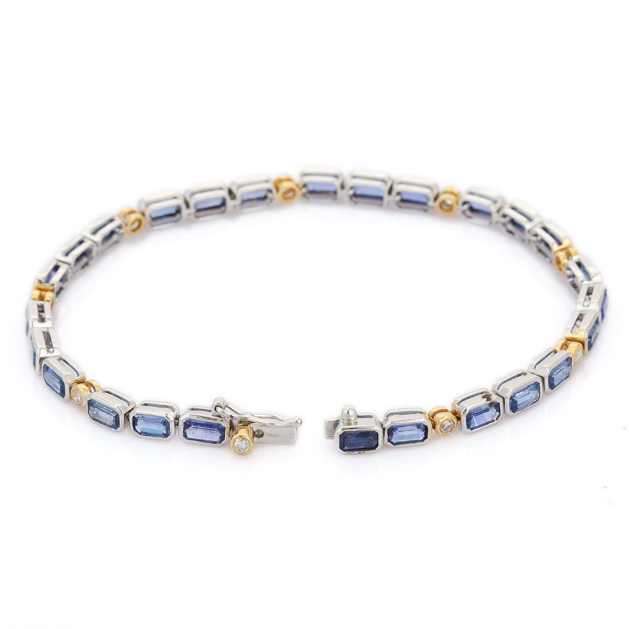 Octagon Cut Blue Sapphire Tennis Bracelet in 18K White Gold with Diamonds For Sale 1