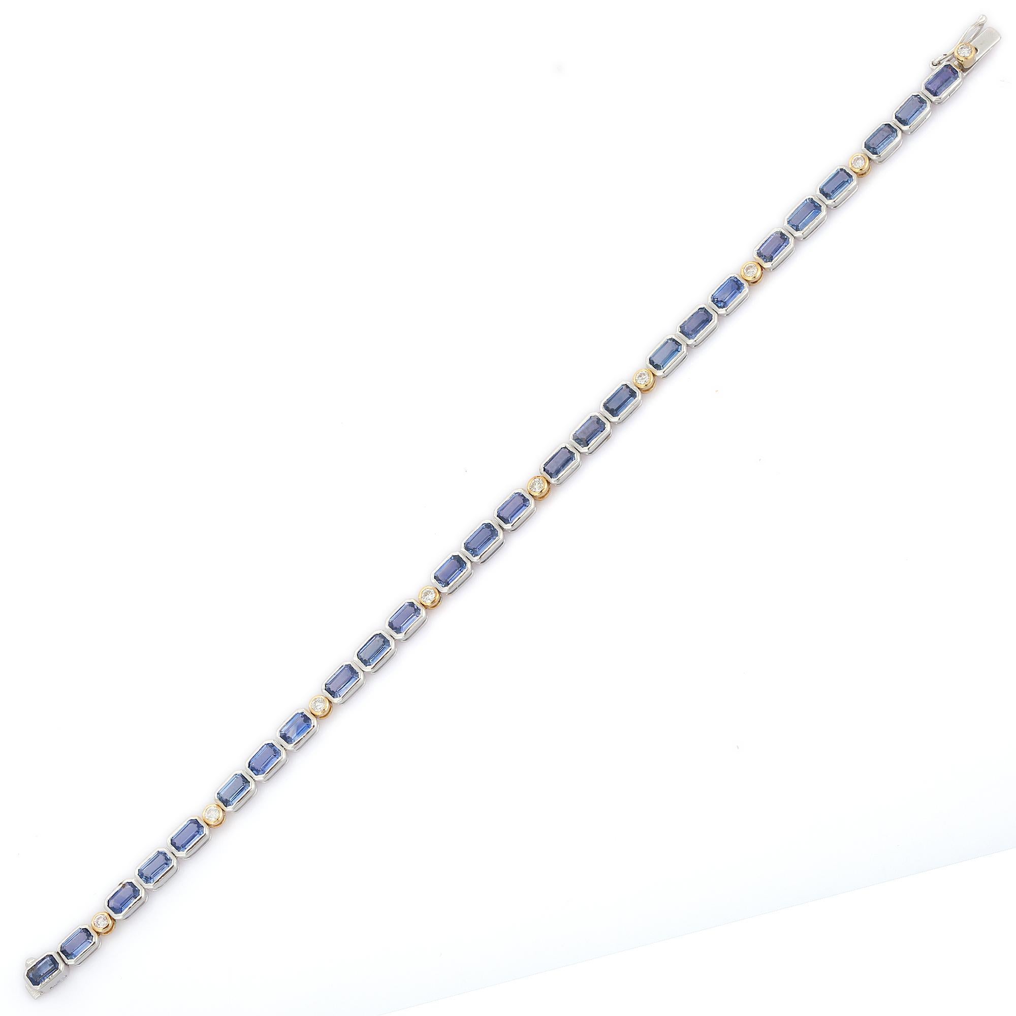 Octagon Cut Blue Sapphire Tennis Bracelet in 18K White Gold with Diamonds For Sale 4