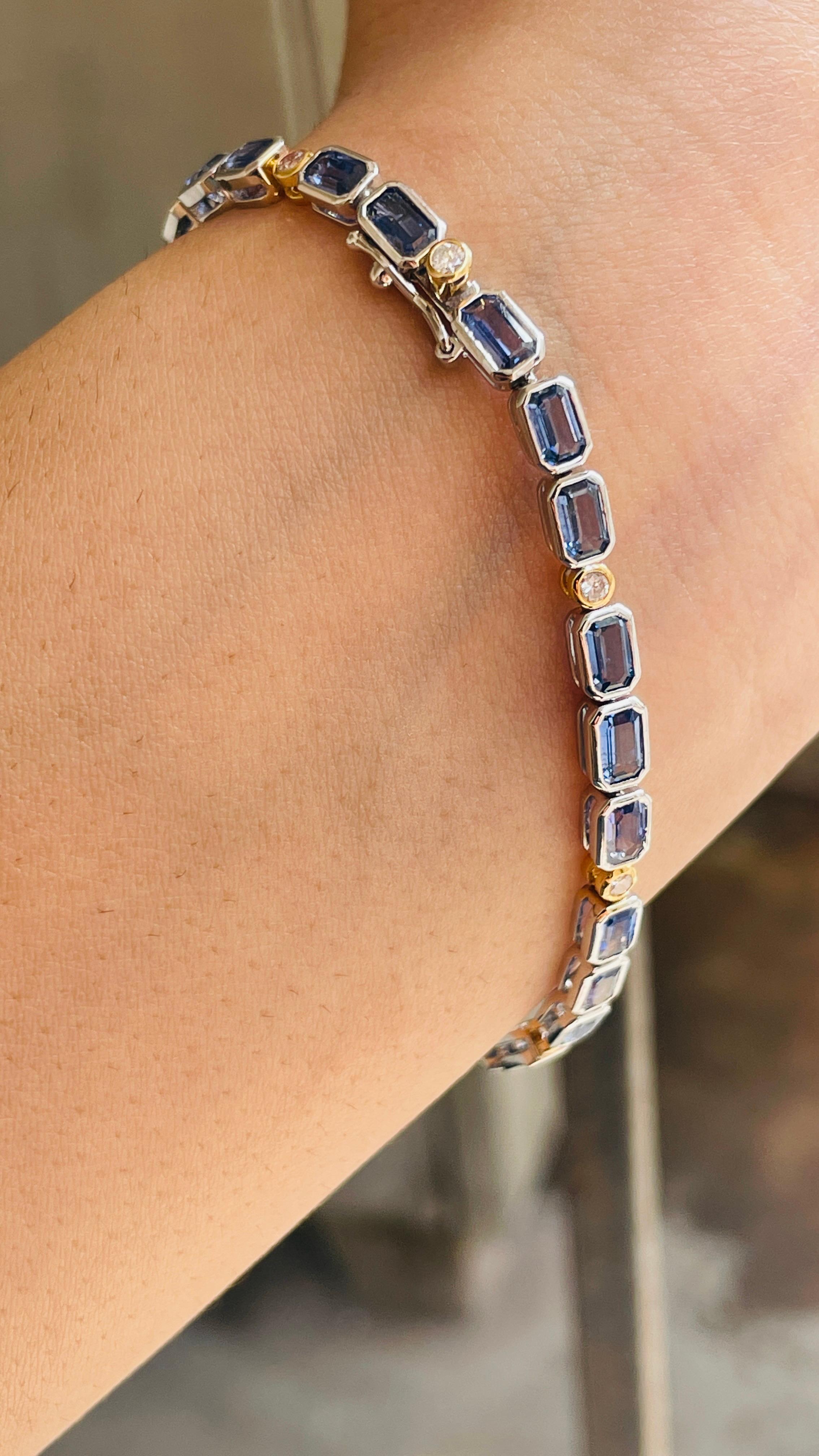 Octagon Cut Blue Sapphire Tennis Bracelet in 18K White Gold with Diamonds In New Condition For Sale In Houston, TX