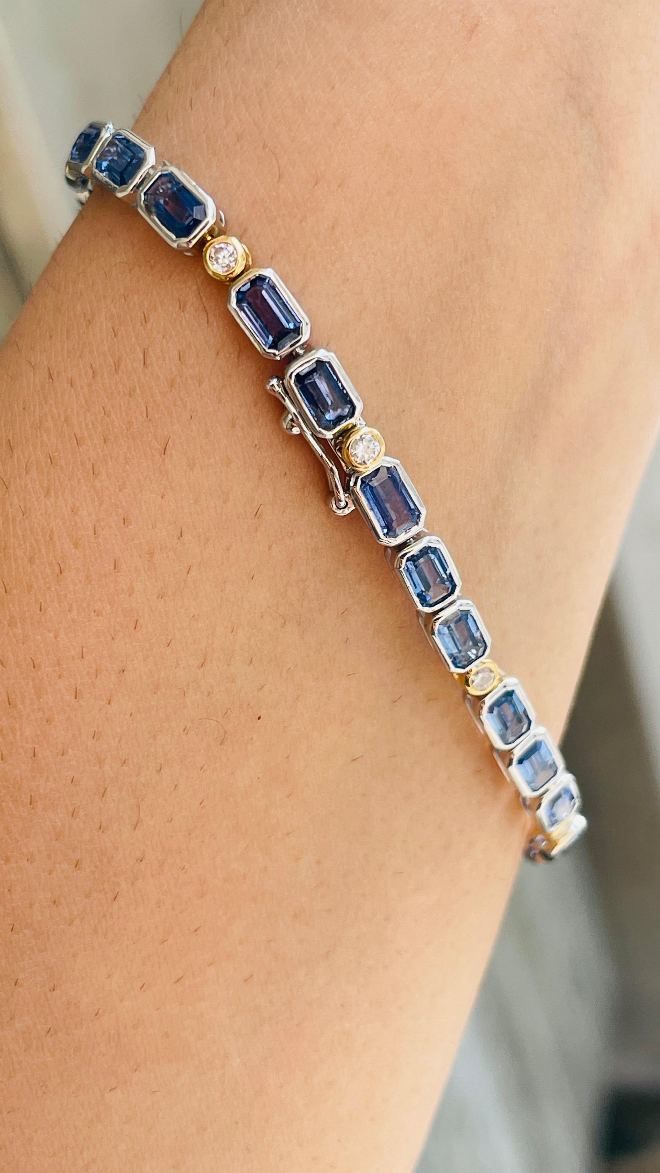 Octagon Cut Blue Sapphire Tennis Bracelet in 18K White Gold with Diamonds For Sale 3