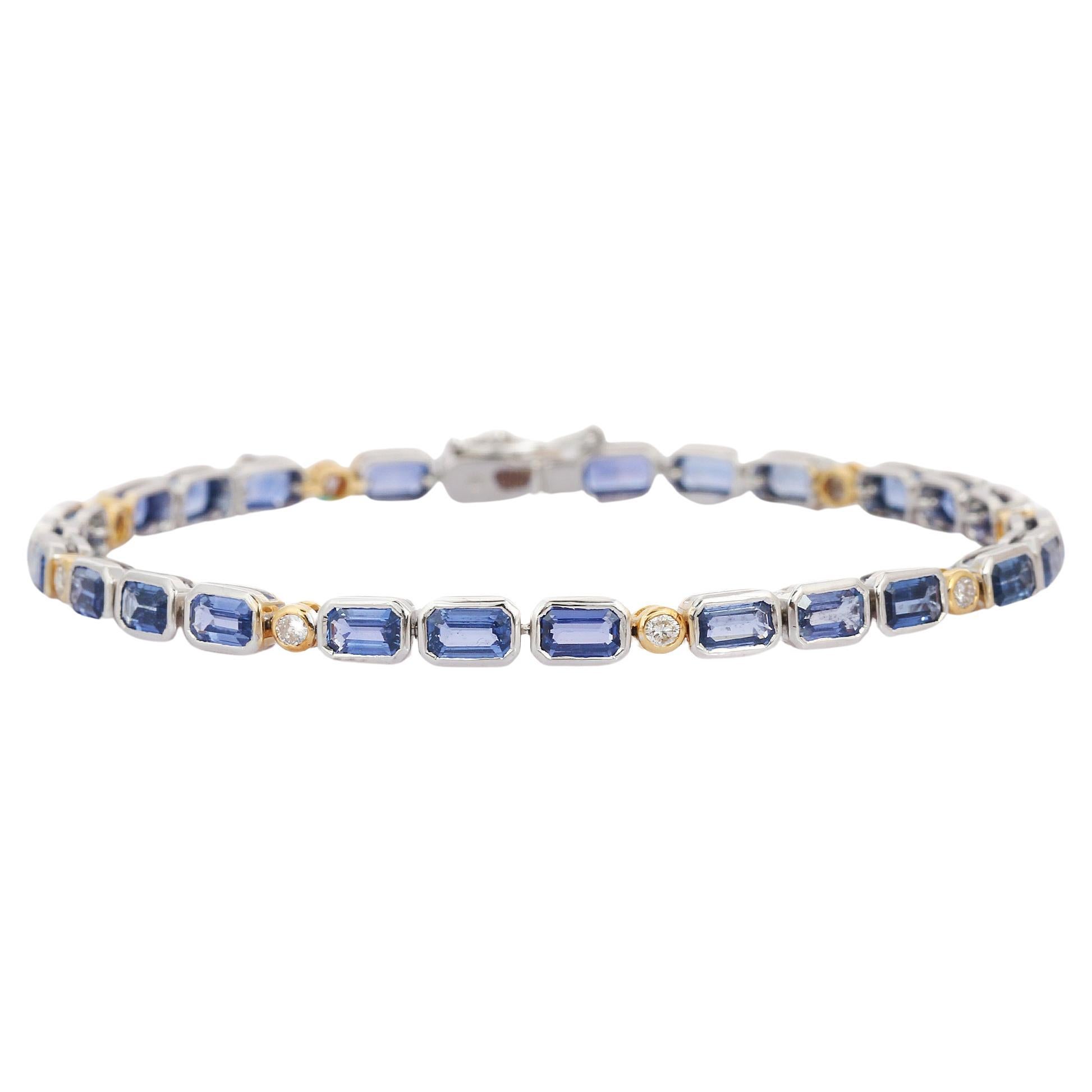 Tennisarmband aus 18 Karat Weißgold mit blauem Saphir im Achteckschliff und Diamanten