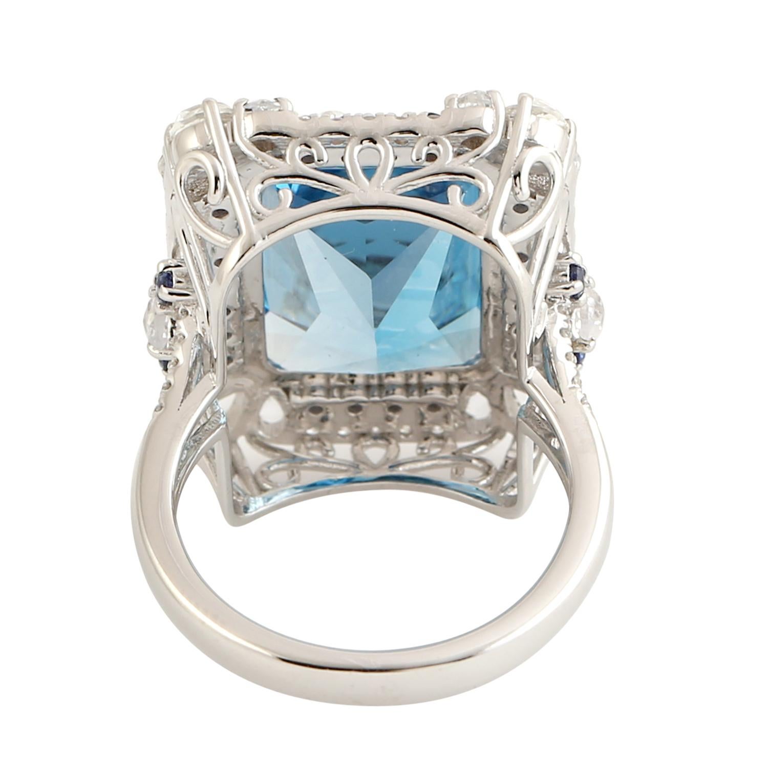 Artisan Cushion Shaped Blue Topaz Cocktail Ring Accented With Blue Sapphire & Diamonds For Sale