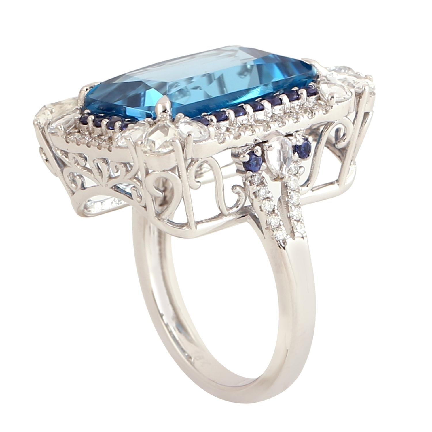 Mixed Cut Cushion Shaped Blue Topaz Cocktail Ring Accented With Blue Sapphire & Diamonds For Sale