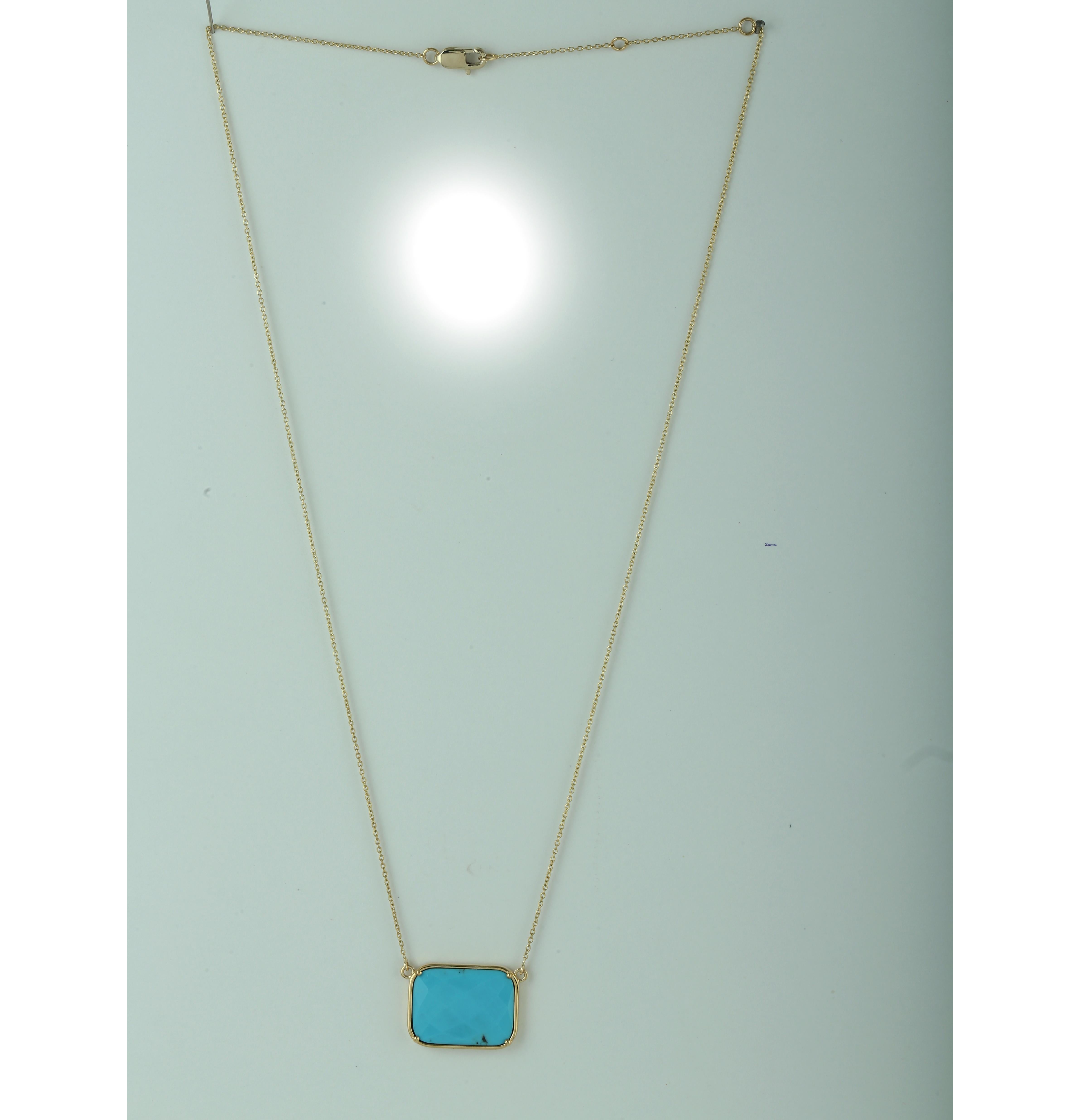 Mixed Cut Cushion Shaped Blue Turquoise Pendant Necklace Made In 18K Yellow Gold For Sale