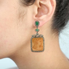 Cushion Shaped Carved Lava Quartz Earrings with Emeralds & Diamonds In 18k Gold