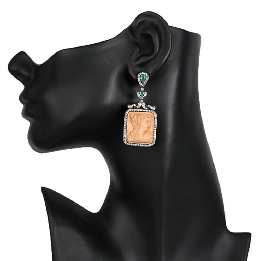 Art Deco Cushion Shaped Carved Lava Quartz Earrings with Emeralds & Diamonds In 18k Gold For Sale