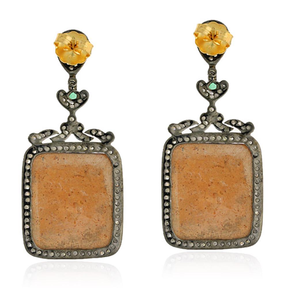 Art Deco Cushion Shaped Carved Lava Quartz Earrings with Emeralds & Diamonds In 18k Gold For Sale