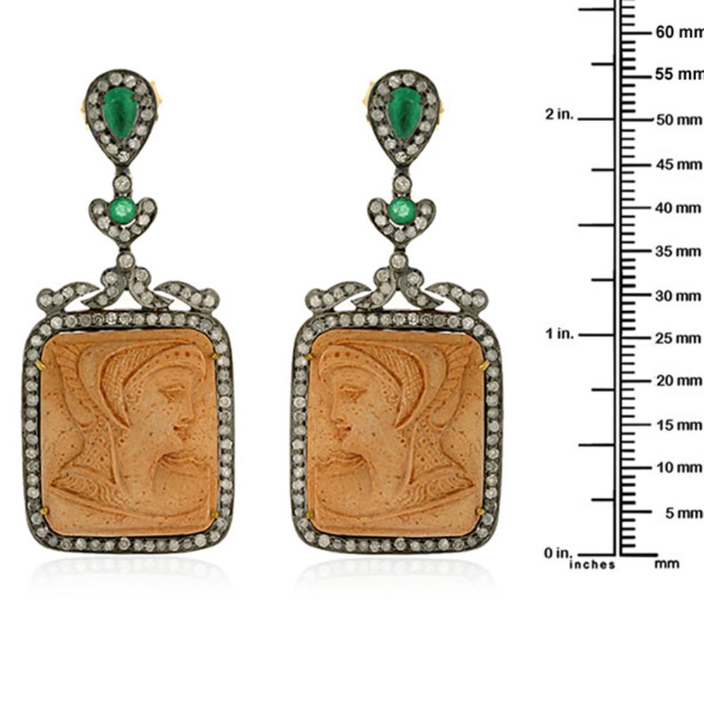 Round Cut Cushion Shaped Carved Lava Quartz Earrings with Emeralds & Diamonds In 18k Gold For Sale