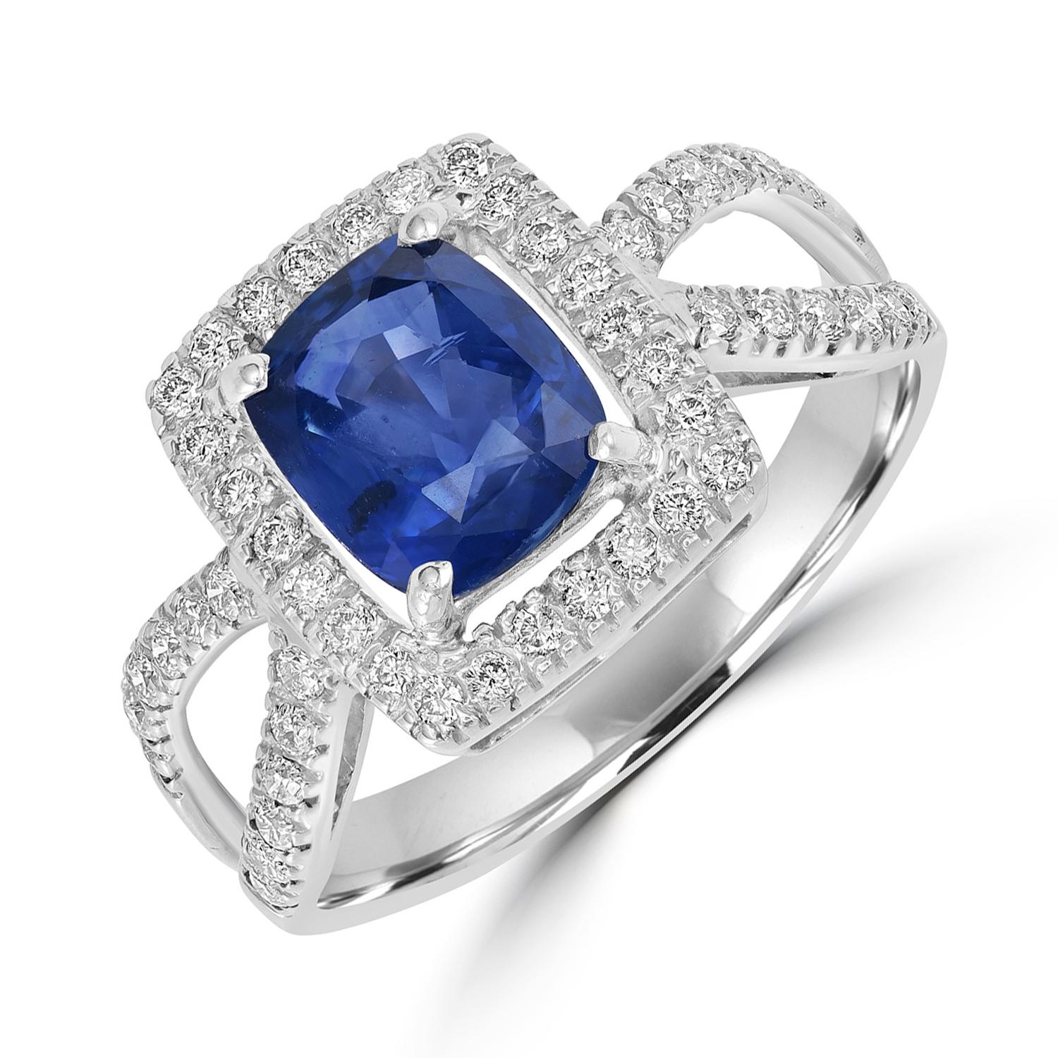 Art Deco Cushion Shaped Ceylon Blue Sapphire Band Ring With Diamonds In 18k White Gold For Sale