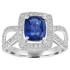 Used Cushion Shaped Ceylon Blue Sapphire Band Ring With Diamonds In 18k White Gold