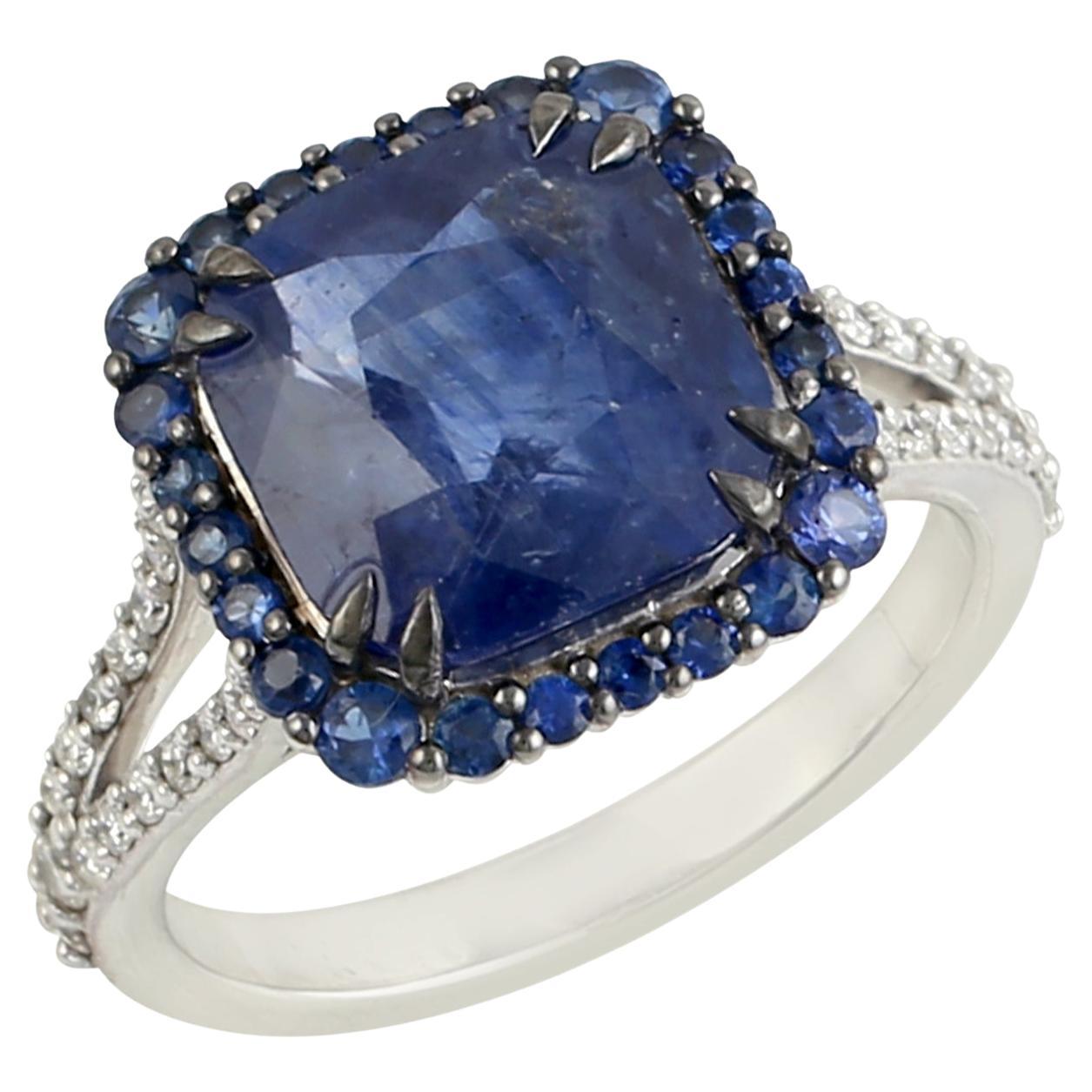 Cushion Shaped Ceylon Blue Sapphire Ring Accented With Diamonds Made In 18k Gold