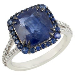 Cushion Shaped Ceylon Blue Sapphire Ring Accented With Diamonds Made In 18k Gold