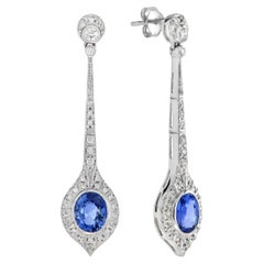 Cushion Shaped Ceylon Sapphire & Diamond Art Deco Style Drop White Gold Earrings