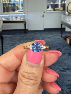 Cushion shaped Ceylon Sapphire & Diamond ring in 18k YG by Stephen Dweck