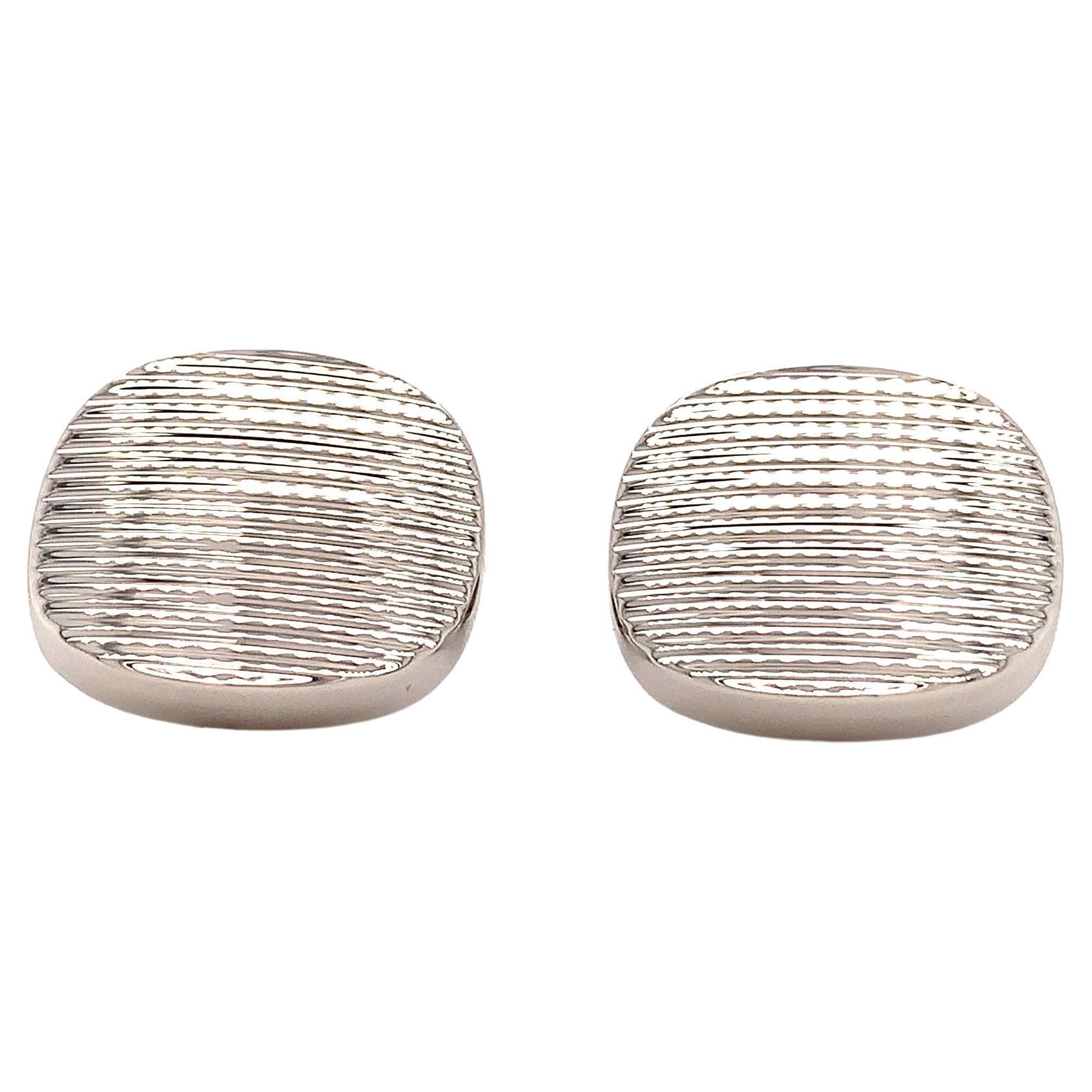 Cushion Shaped Cufflinks Structured Lines 925 Sterling Silver For Sale
