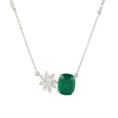 Cushion Shaped Emerald & Rosecut Diamonds Flower Shaped Pendant Chain Necklace