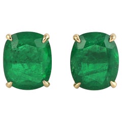 Cushion Shaped Emerald Studs Made in 18k yellow Gold